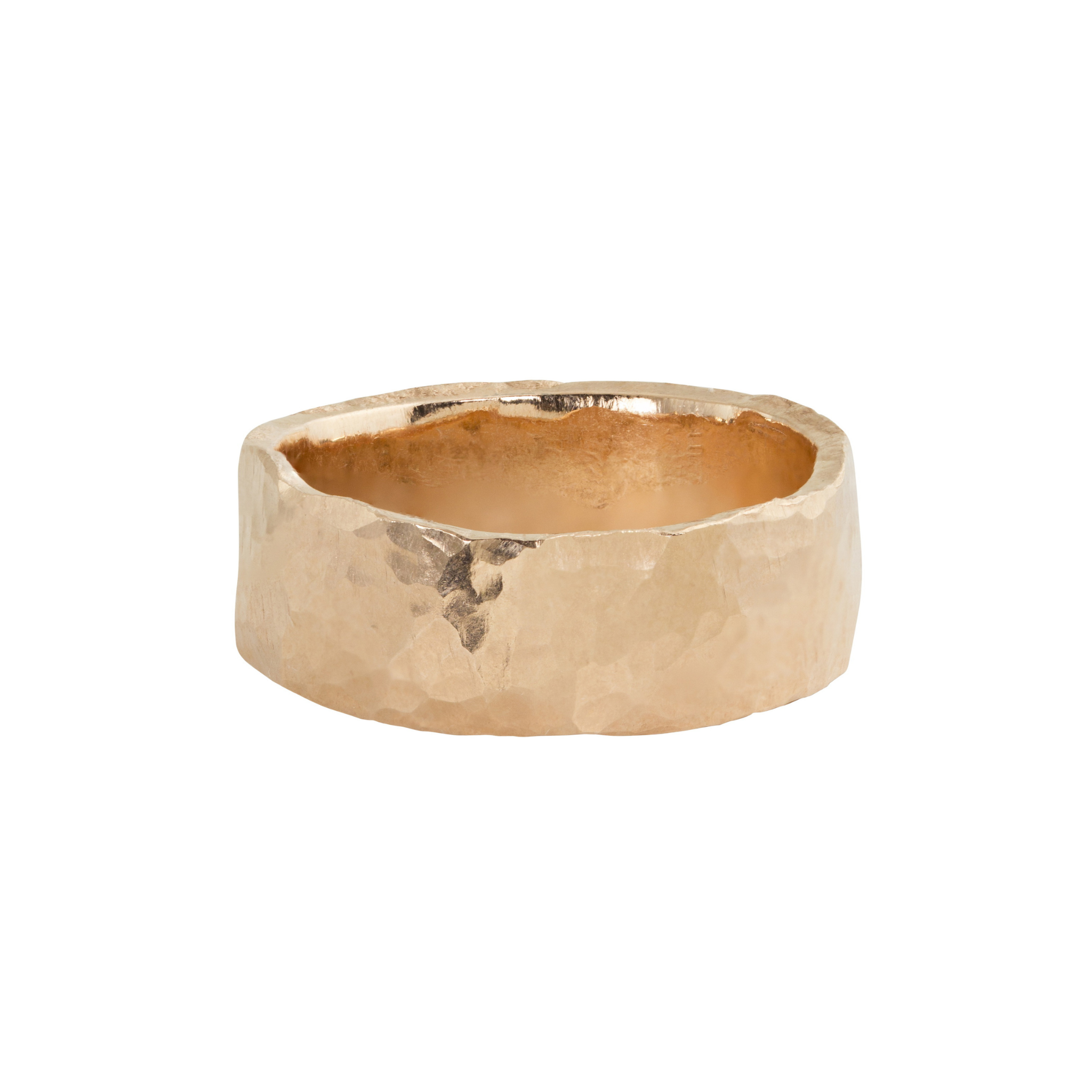 14k rose gold thick heavy weight wide band ring with a hand hammered textured surface and organic hammered edges shown on a white background