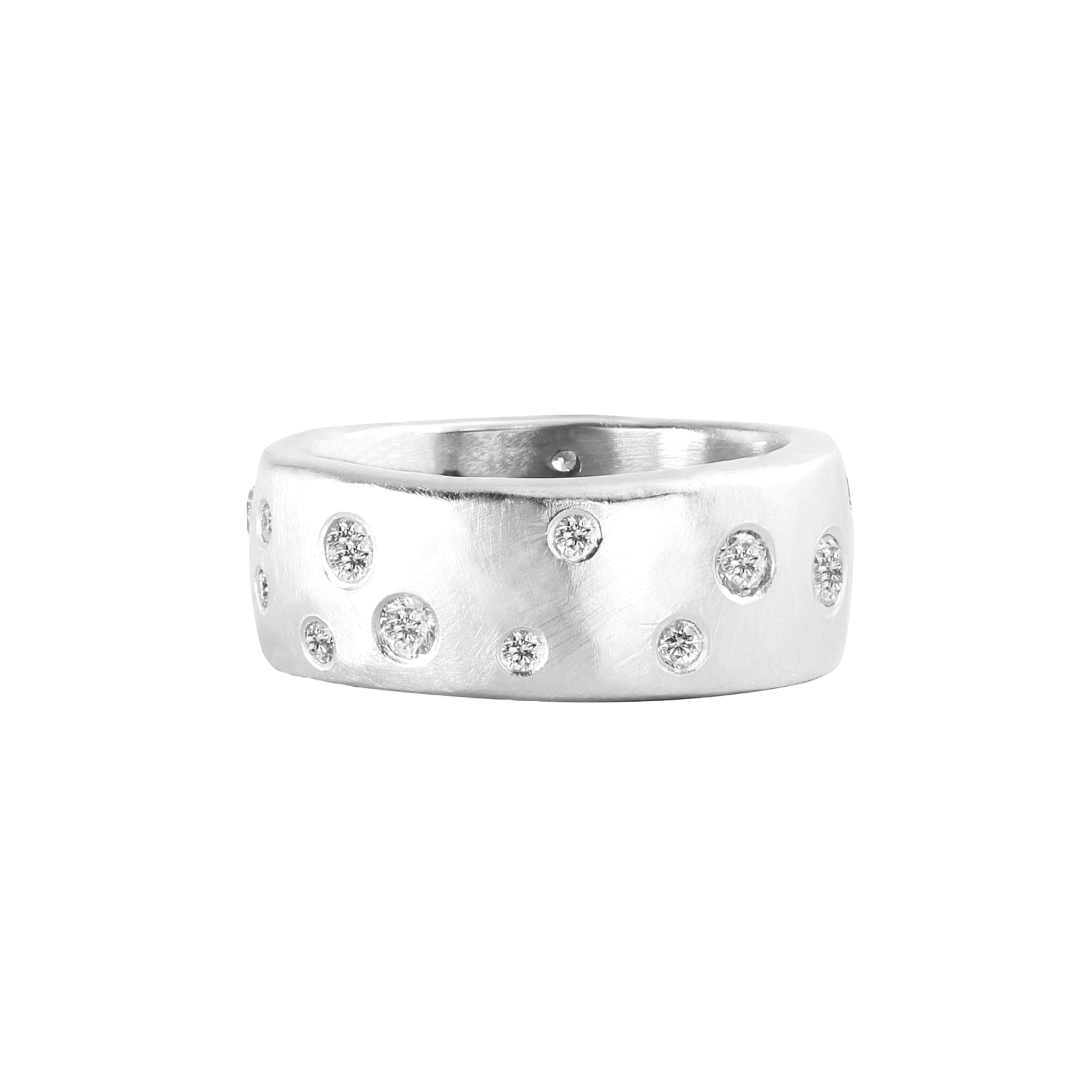 Thick heavy weight wide 14k white gold wedding band ring with scattered white diamonds embedded all the way around surface brushed satin texture shown on white background