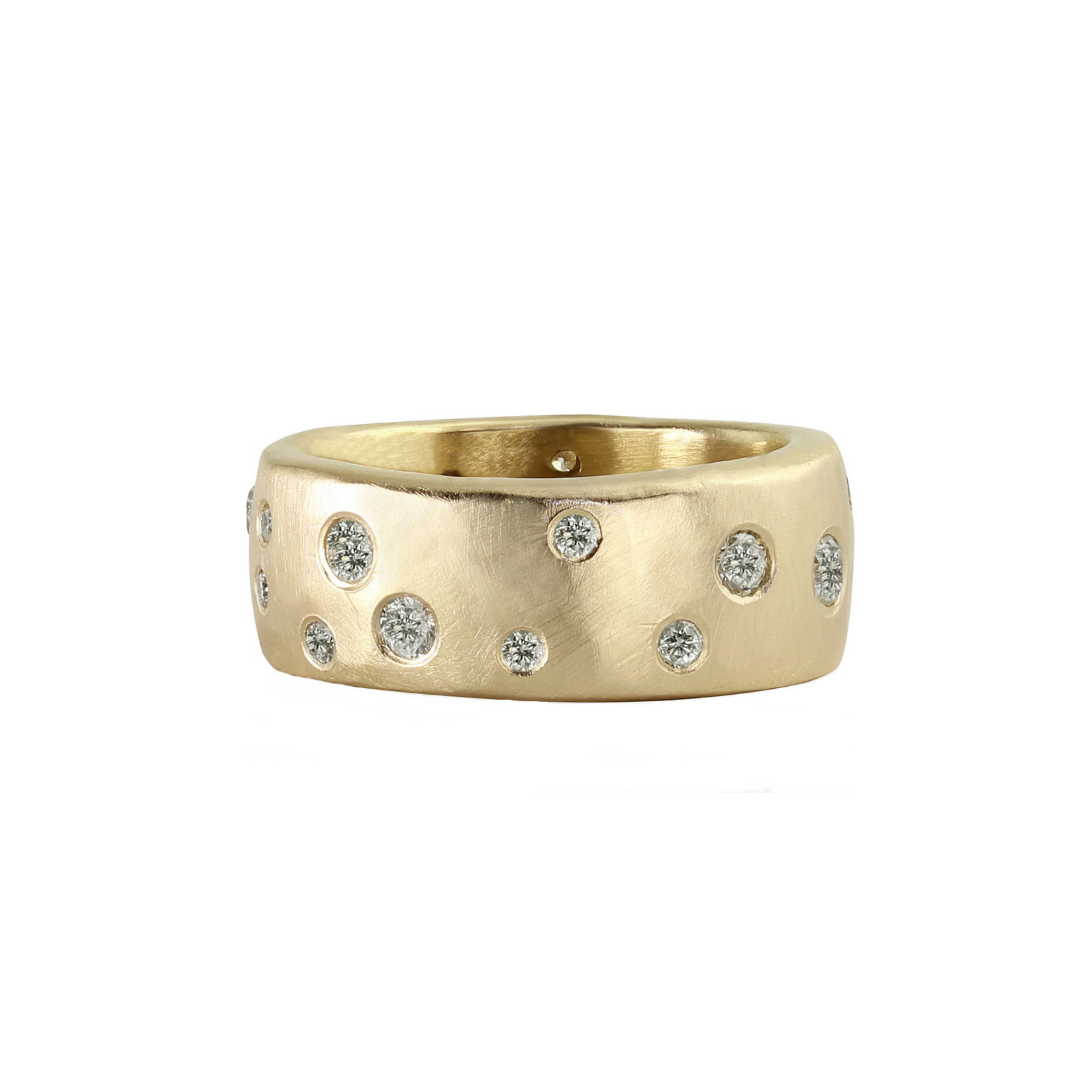 Thick heavy weight wide 14k yellow gold wedding band ring with scattered white diamonds embedded all the way around surface brushed satin texture shown on white background