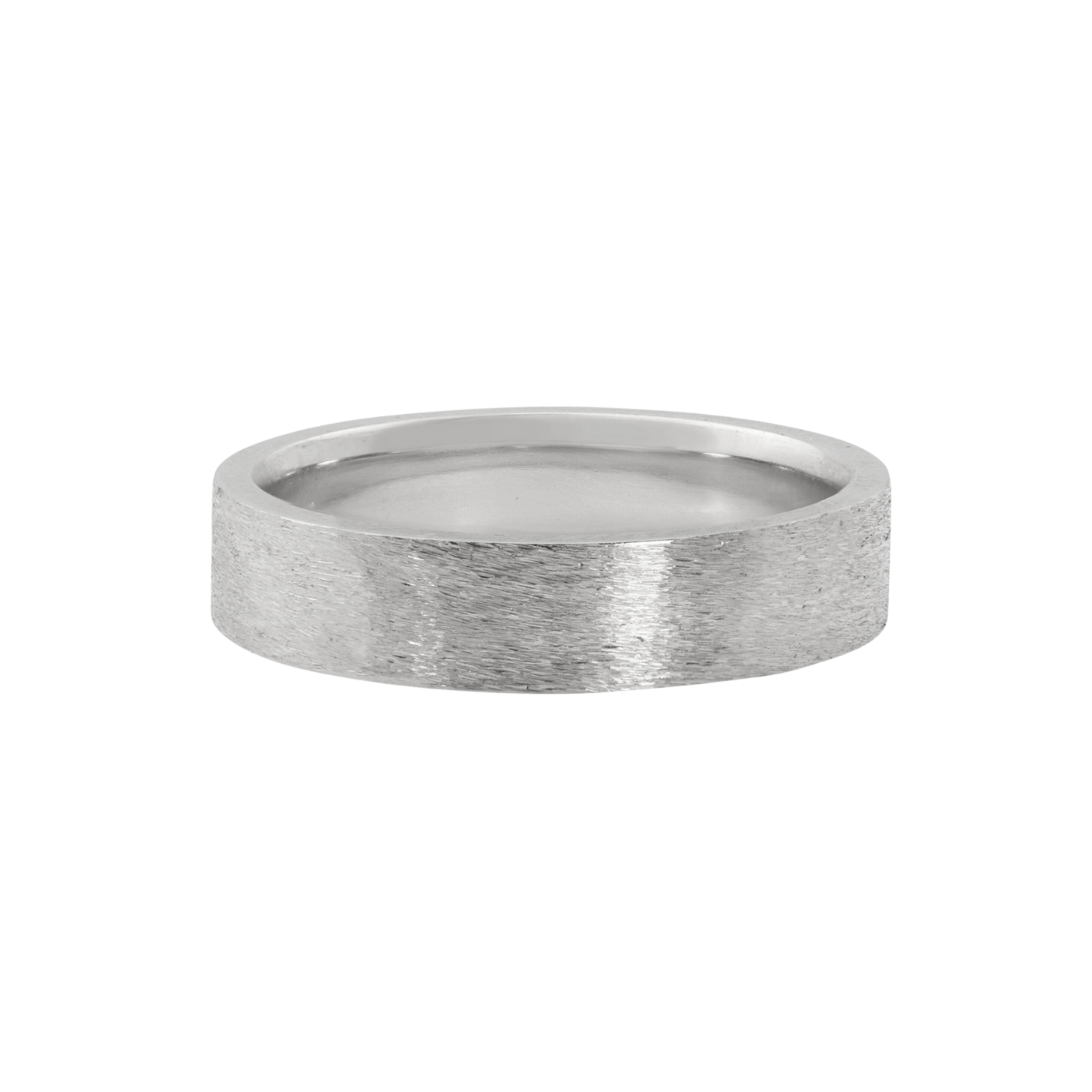 14k white gold wide band ring with rugged brushed texture squared edges and comfort fit interior shown laying on side on white background