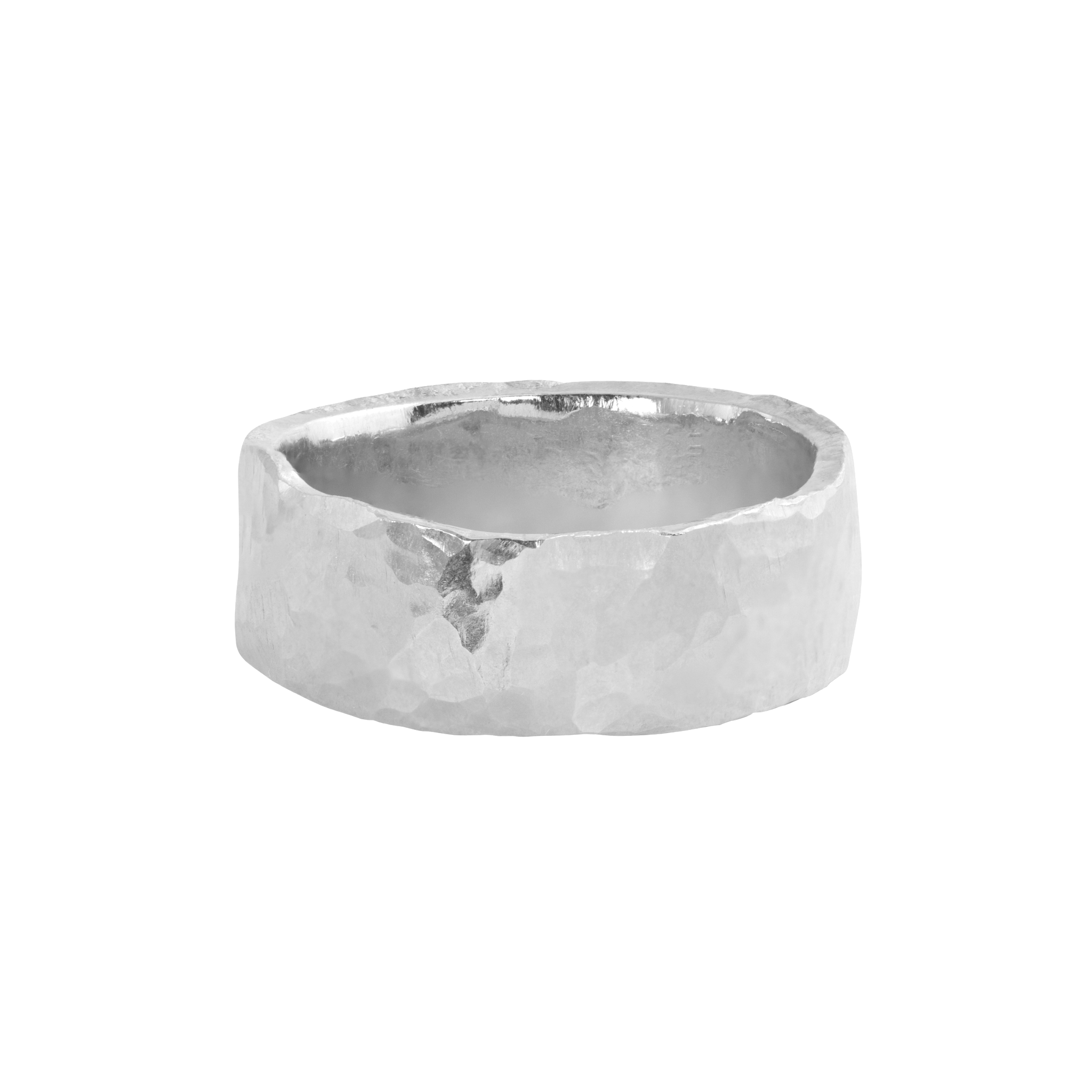 14k white gold thick heavy weight wide band ring with a hand hammered textured surface and organic hammered edges shown on a white background