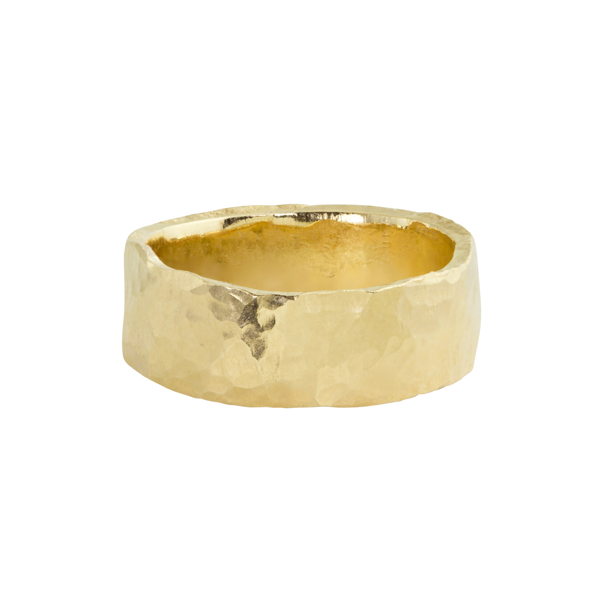 14k yellow gold thick heavy weight wide band ring with a hand hammered textured surface and organic hammered edges shown on a white background