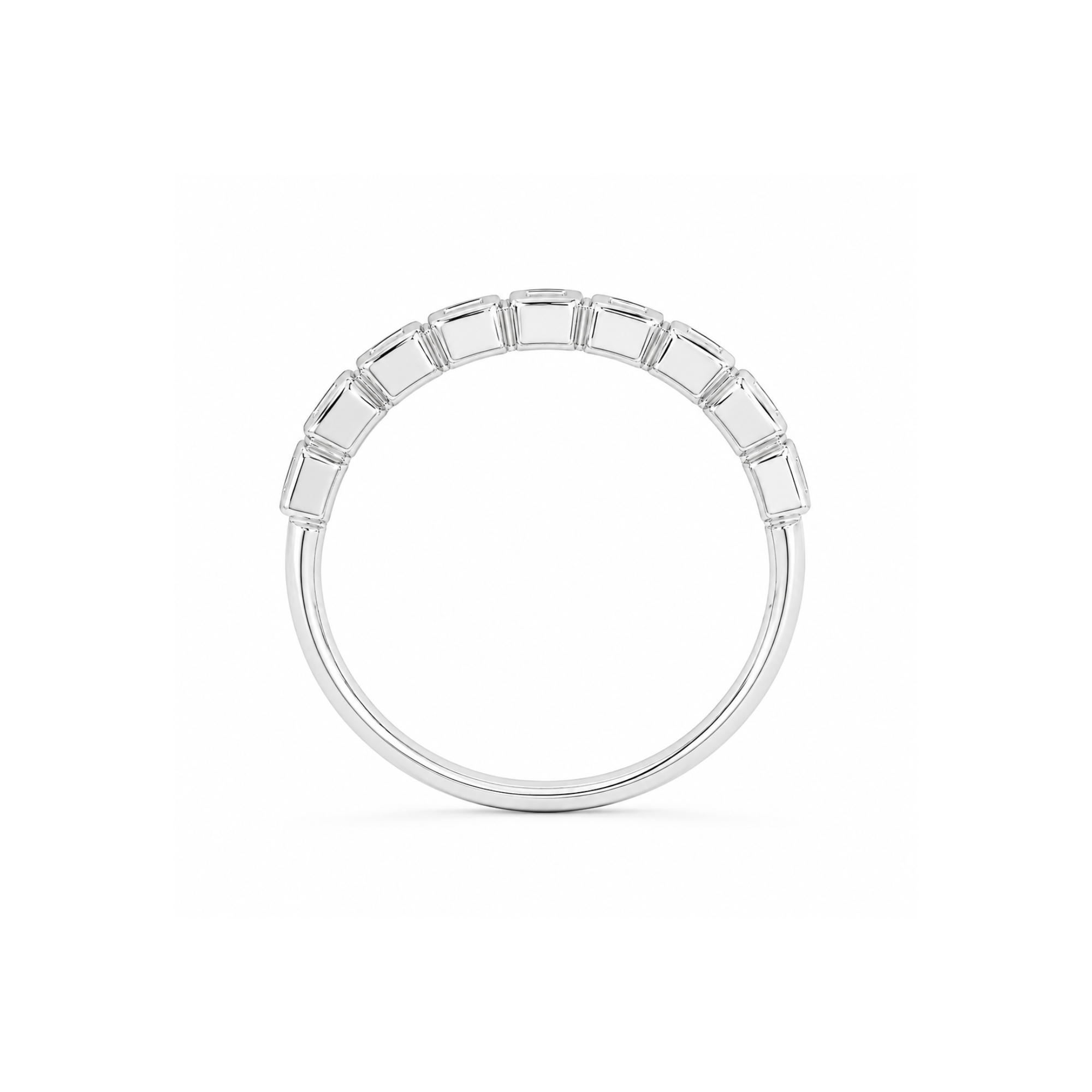 14k white gold half eternity bezel set ascher cut white diamond ring on white background side view
