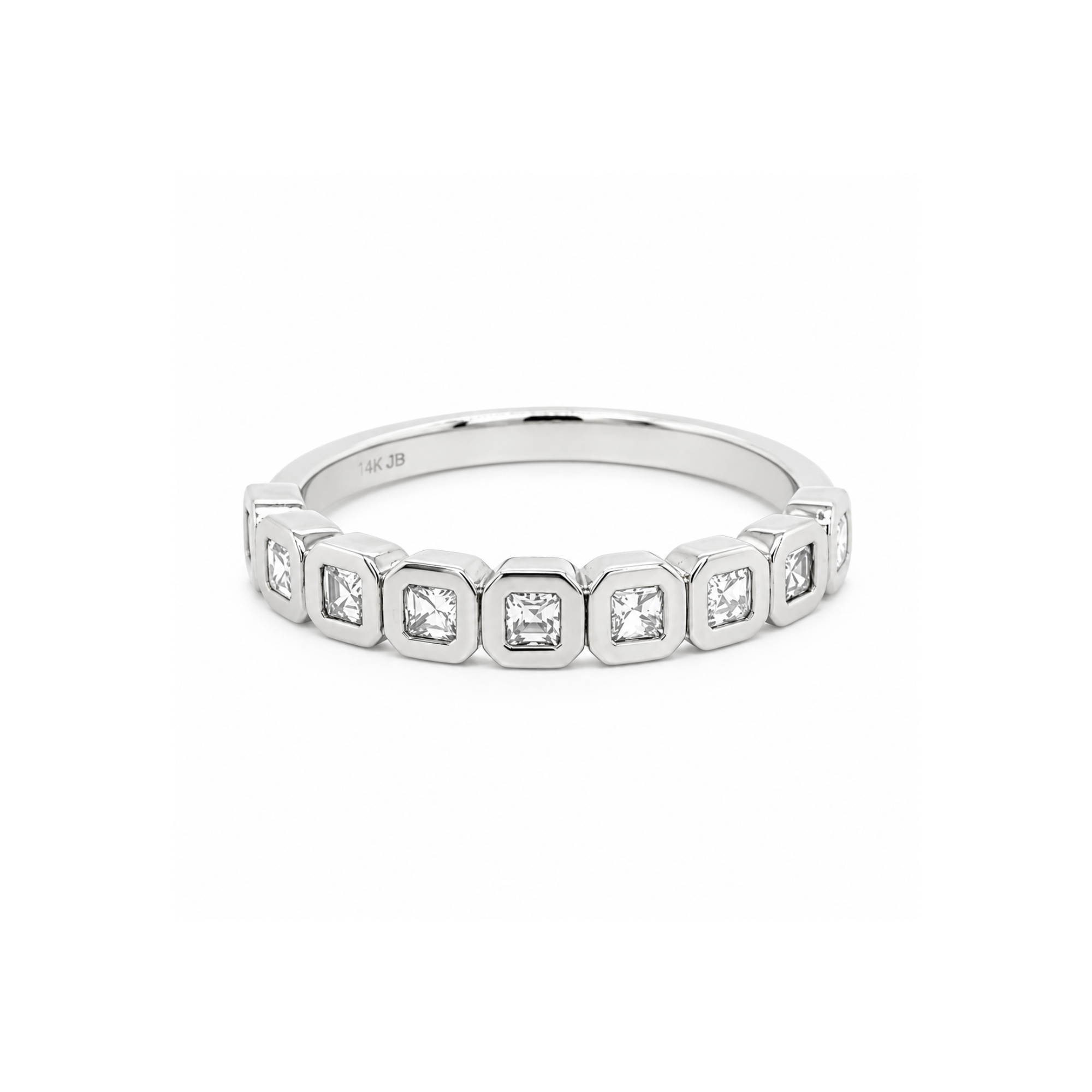 14k white gold half eternity bezel set ascher cut white diamond ring on white background
