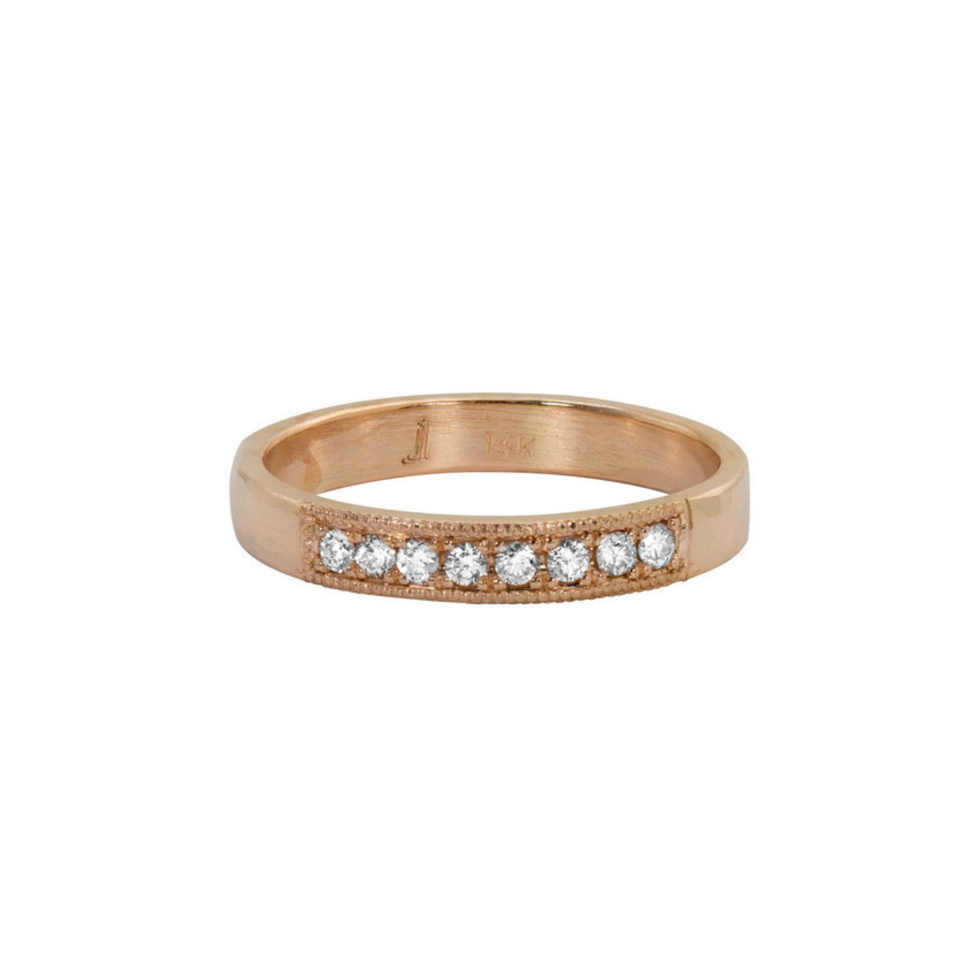14k rose gold milgrain white diamond wedding band on white background