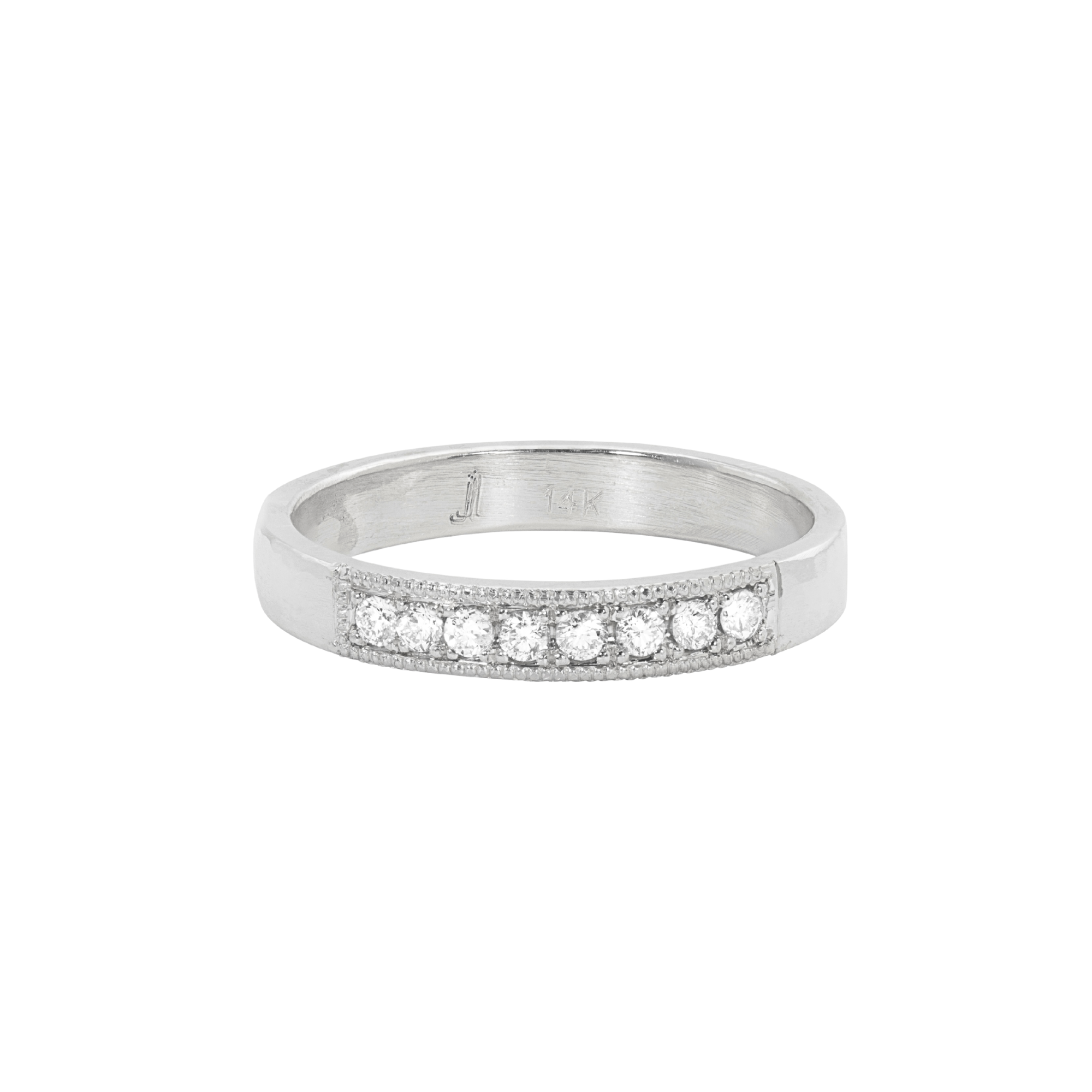 14k white gold milgrain white diamond wedding band on white background