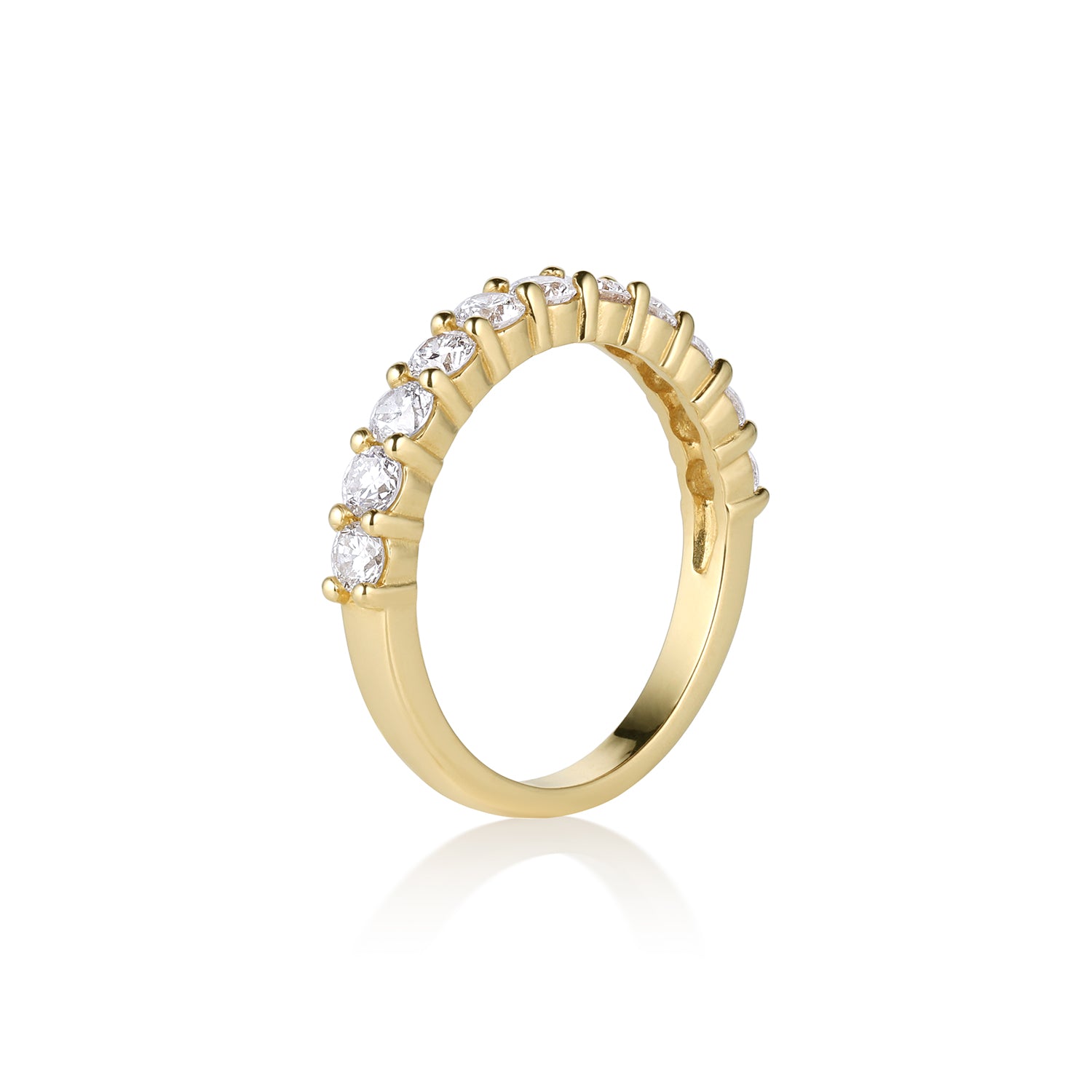 14k gold prong set small round white diamond half eternity wedding band on white background