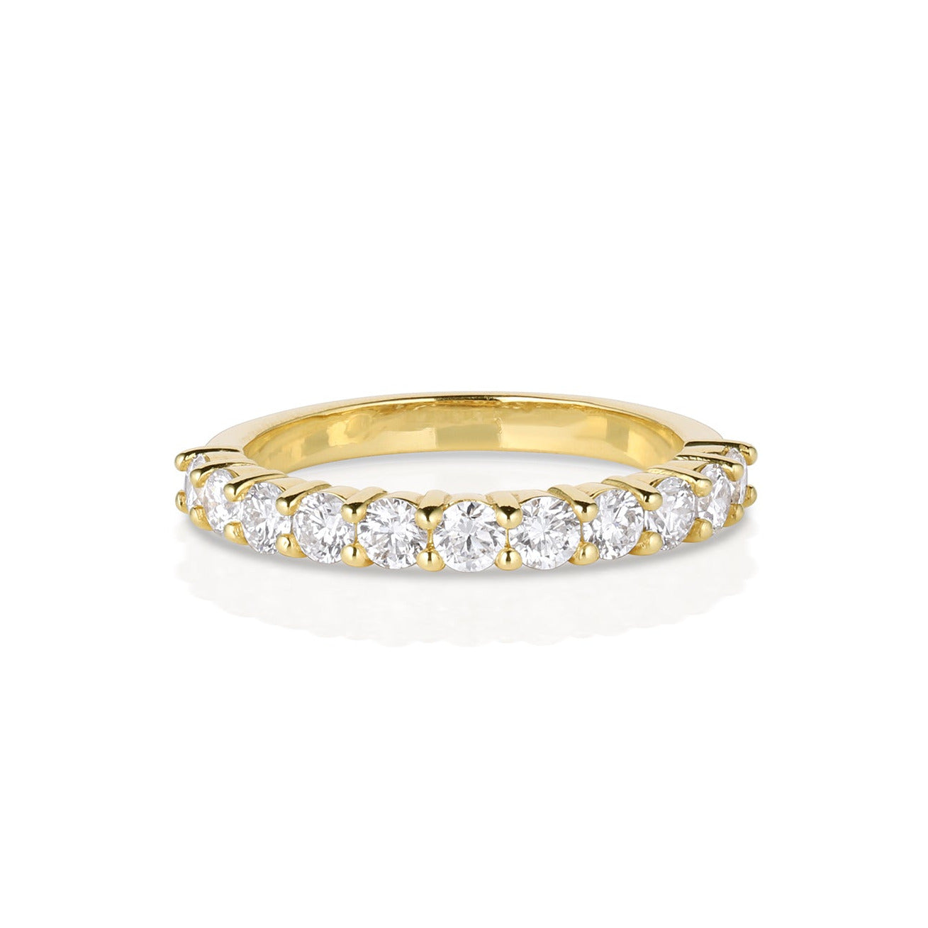 14k gold prong set small round white diamond half eternity wedding band on side with white background