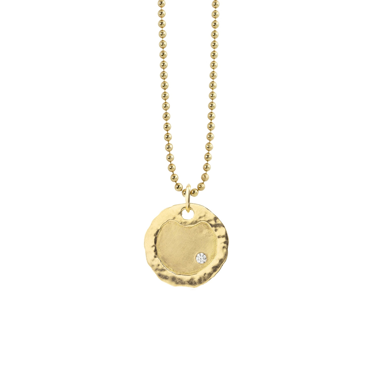 14k yellow gold round dog tag necklace pendant featuring single white diamond raised hammered polished border on a ball chain with white background