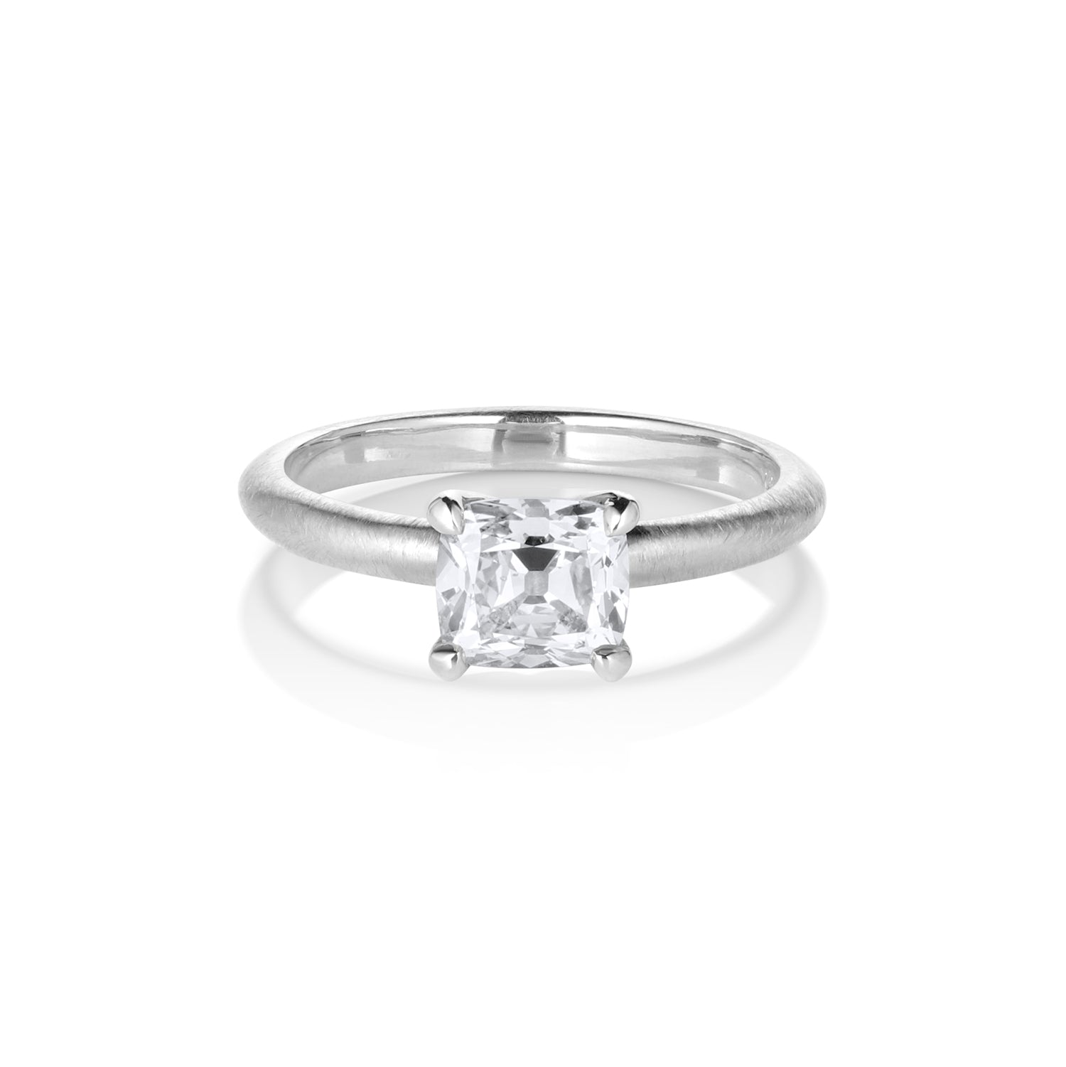 Cushion cut Solitaire white diamond 14k white gold in a prong setting shown on white background