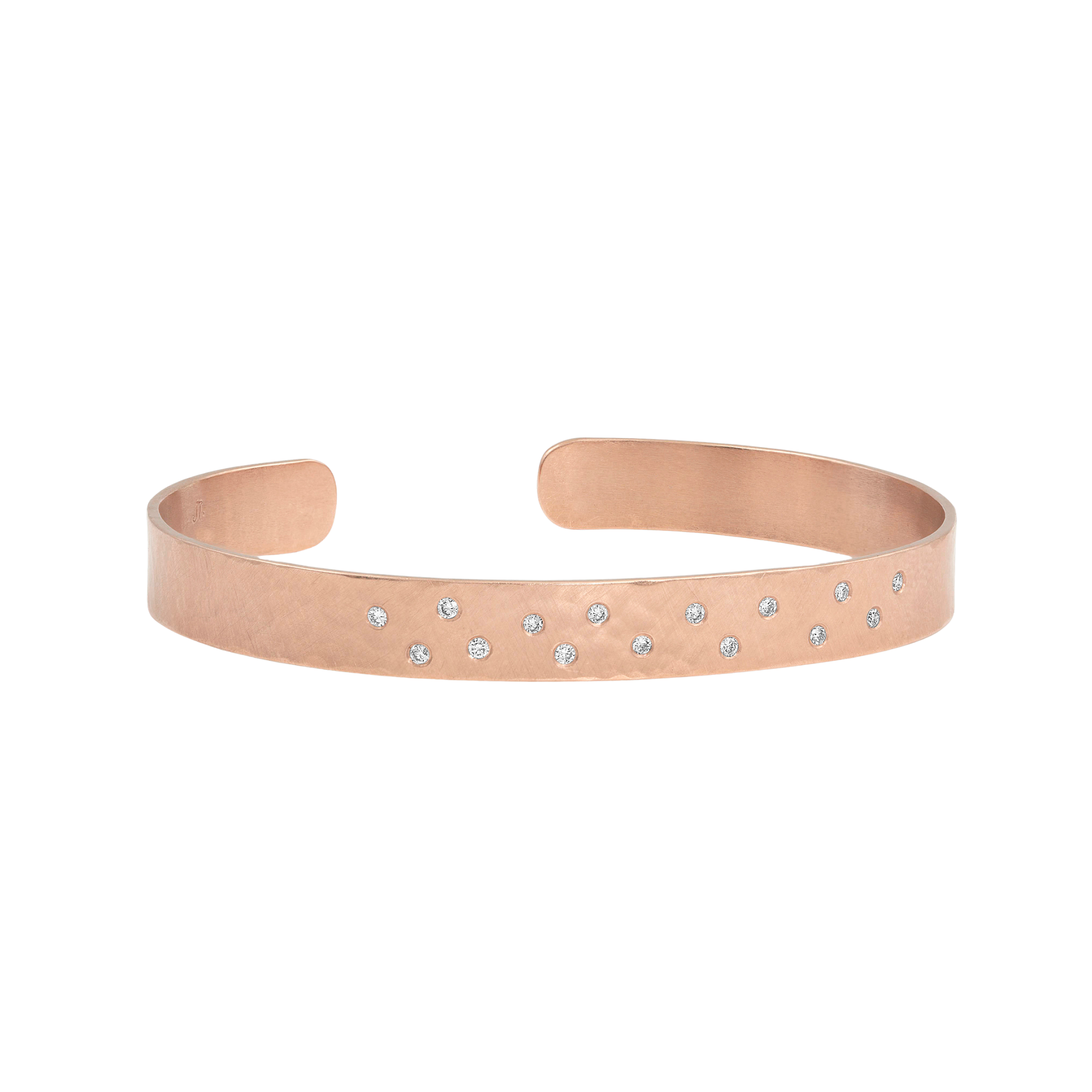14k rose gold hammered cuff bracelet with scattered white diamonds on white background
