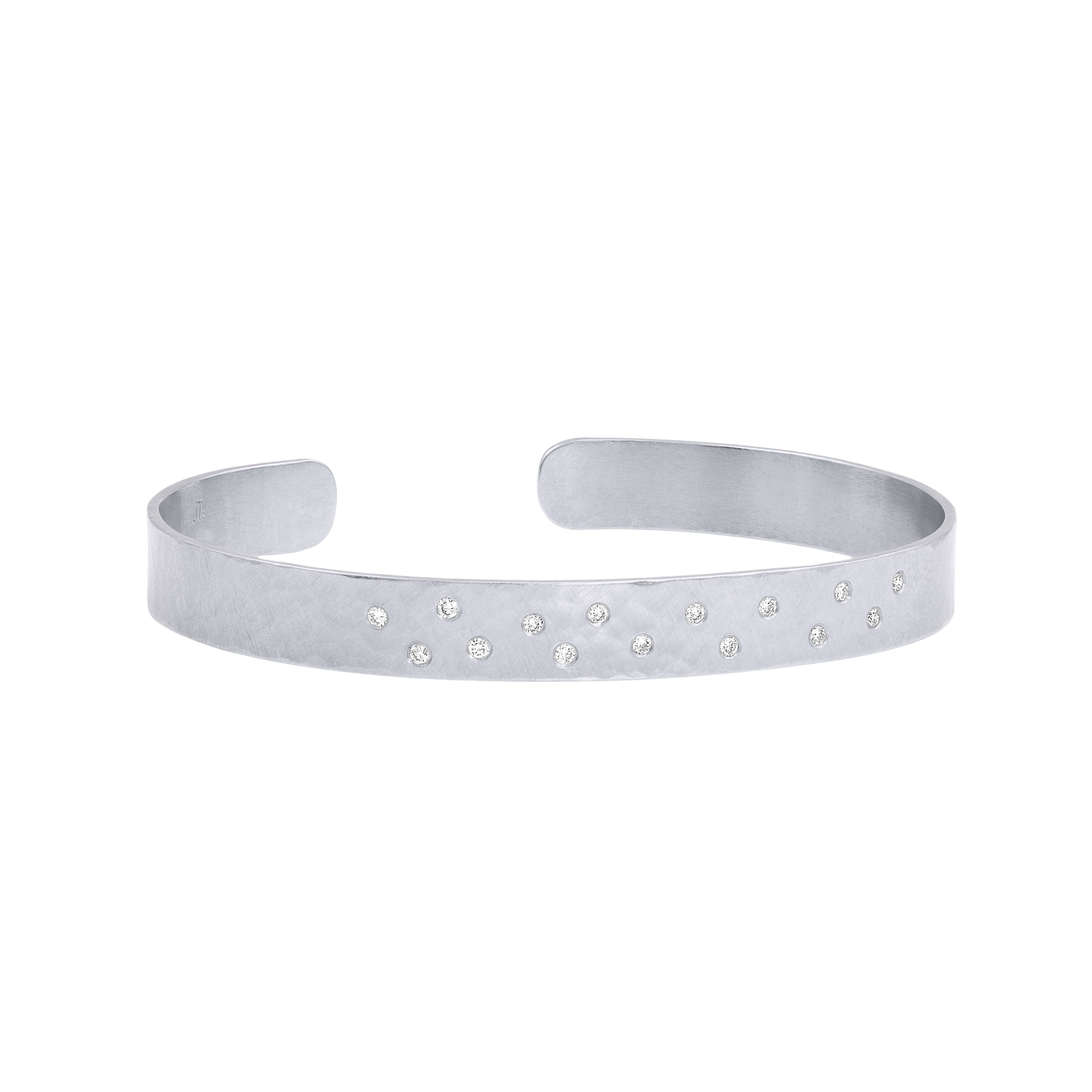 14k white gold hammered cuff bracelet with scattered white diamonds on white background