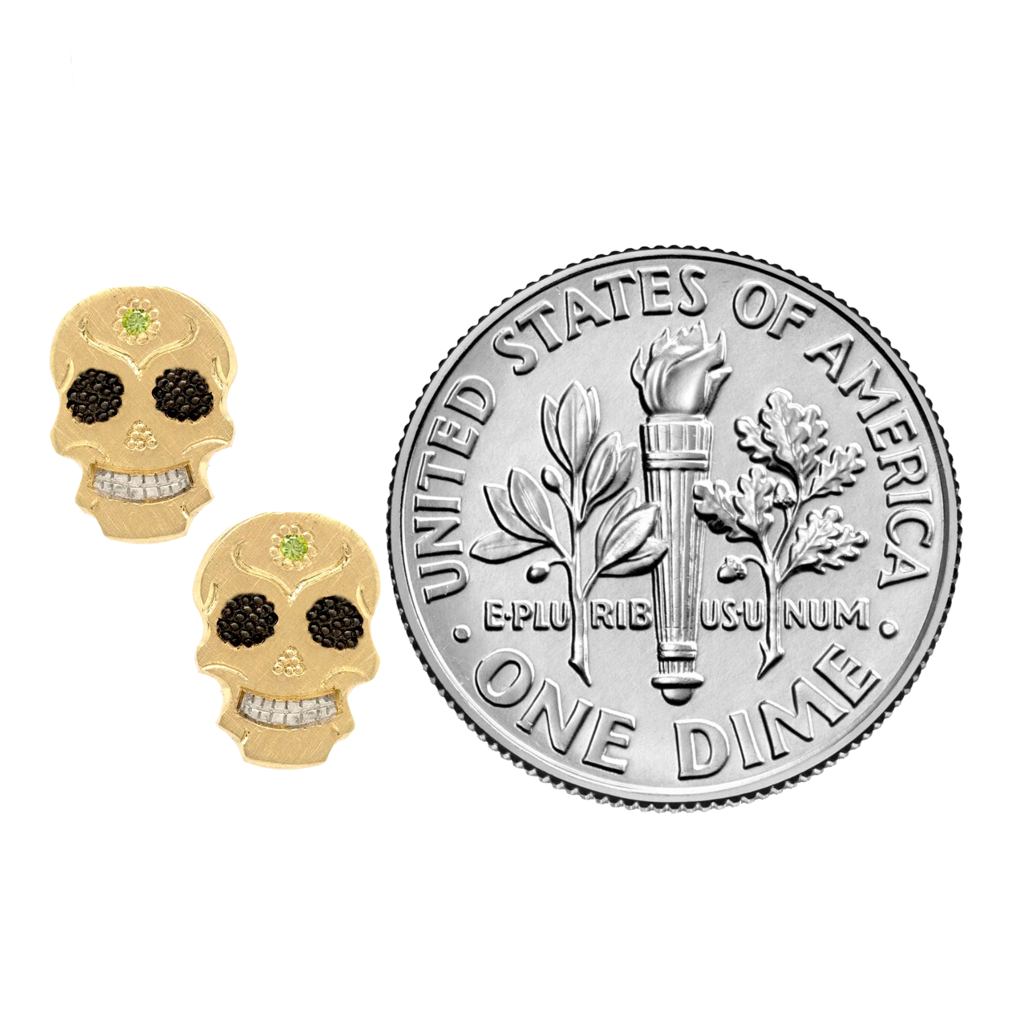 14k gold handout skull-shaped post earrings with black and green details on a white background with size indicator