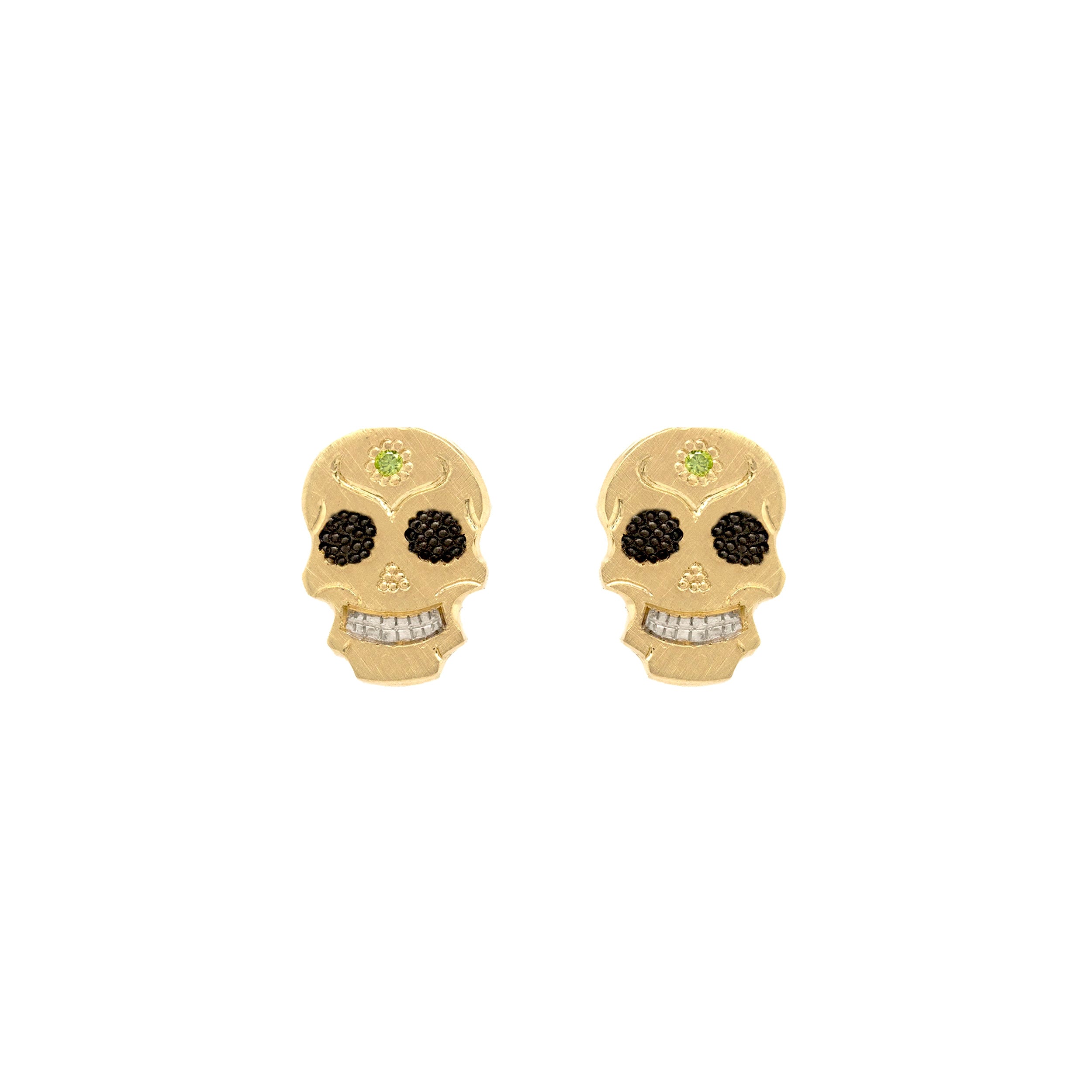 14k gold handout skull-shaped post earrings with black and green details on a white background