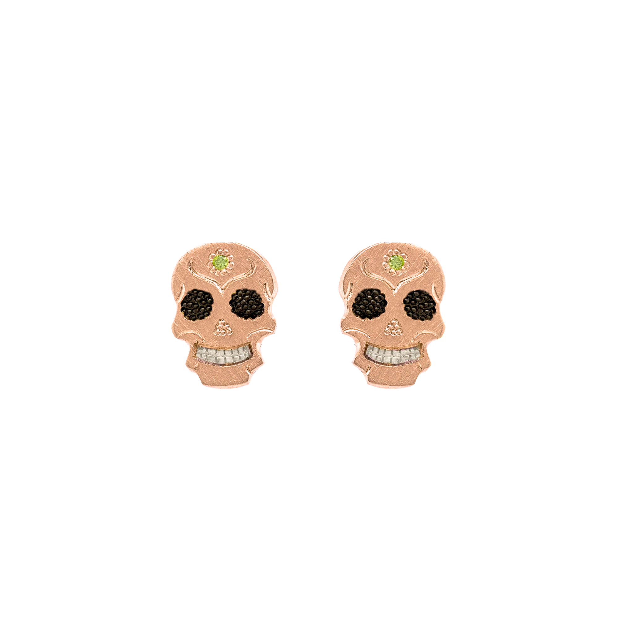 14k rose gold handout skull-shaped post earrings with black and green details on a white background