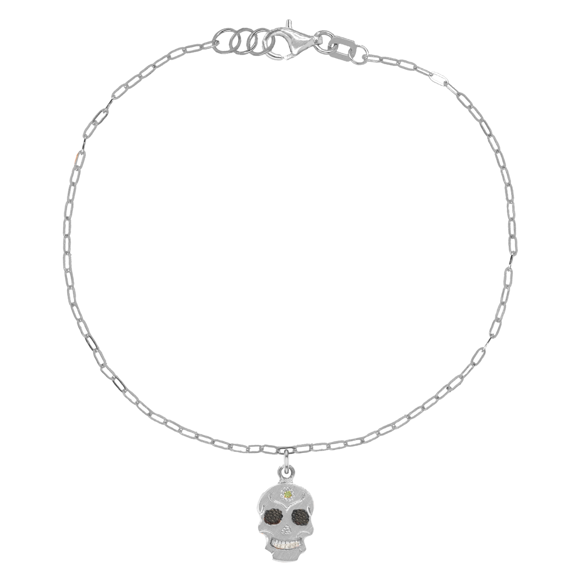 14k white gold teeny tiny ghostrider skull charm bracelet with colored gemstone and hand etching on paperclip link chain on white background