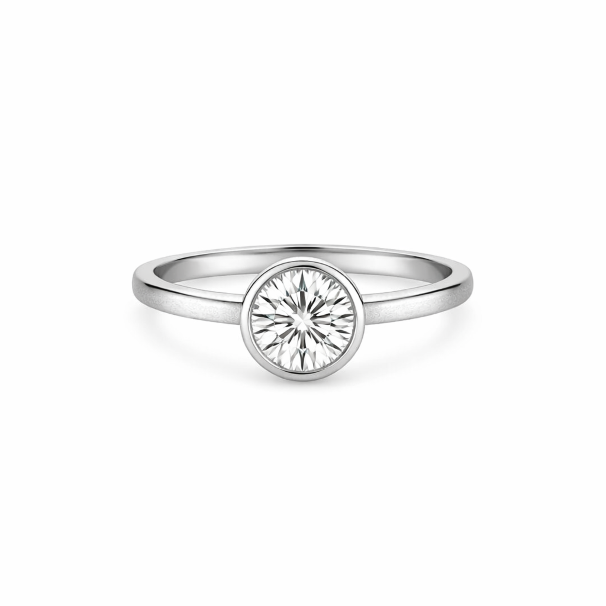 Rose gold bezel set solitaire ring with a round white diamond tapered band with high polish shown front view on a white background