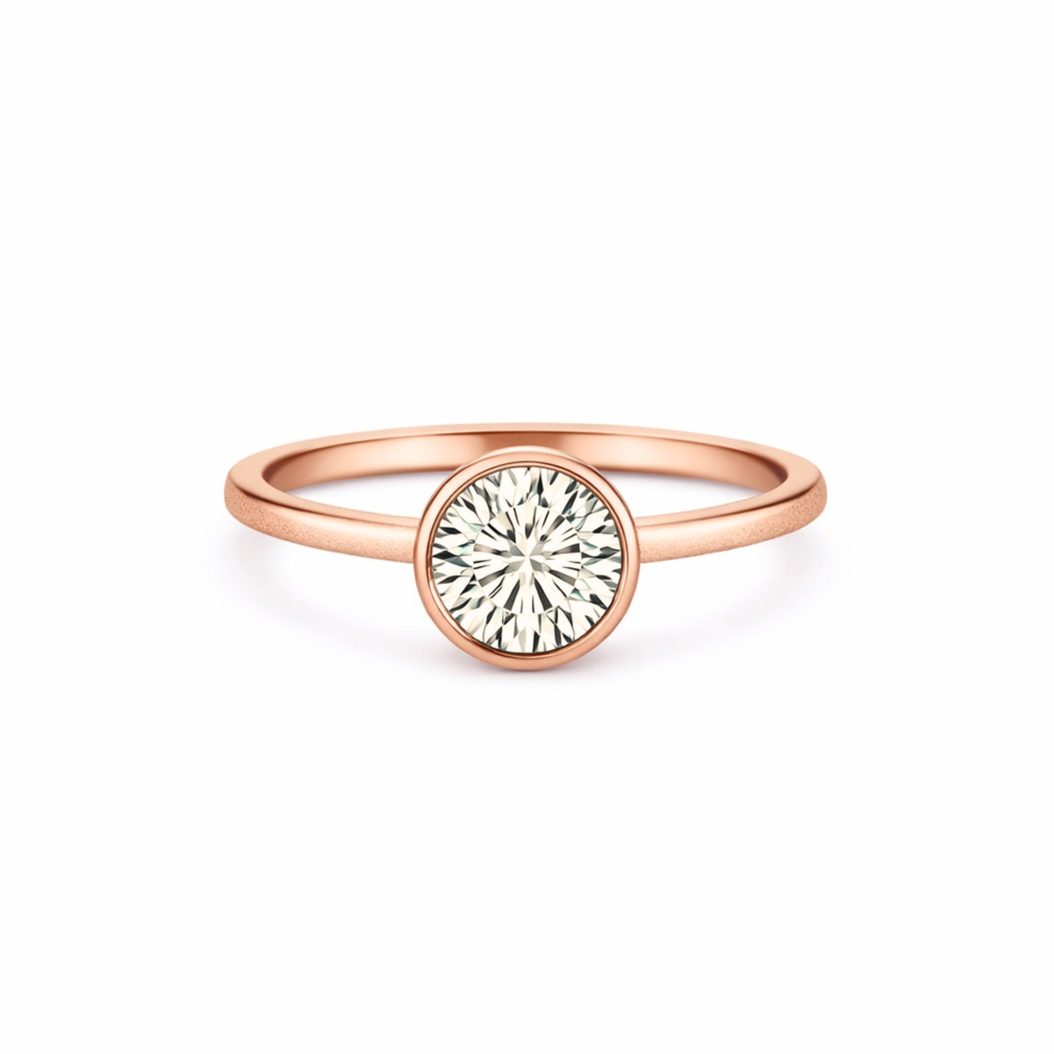 Rose gold bezel set solitaire ring with a round white diamond tapered band with high polish front view on a white background