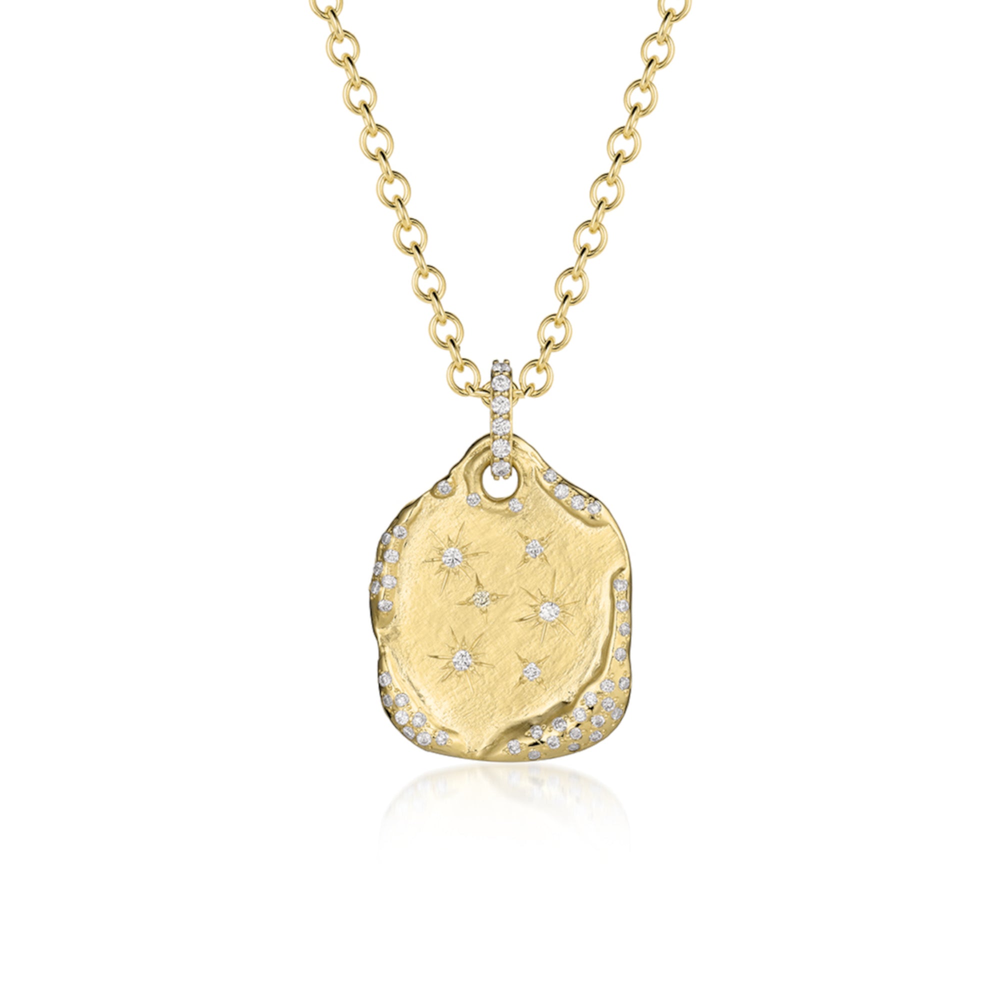 14k Gold pendant organic rectangular shape scattered with white diamond stars pave bale and hand engraved stars featured on round link chain, shown on a white background.