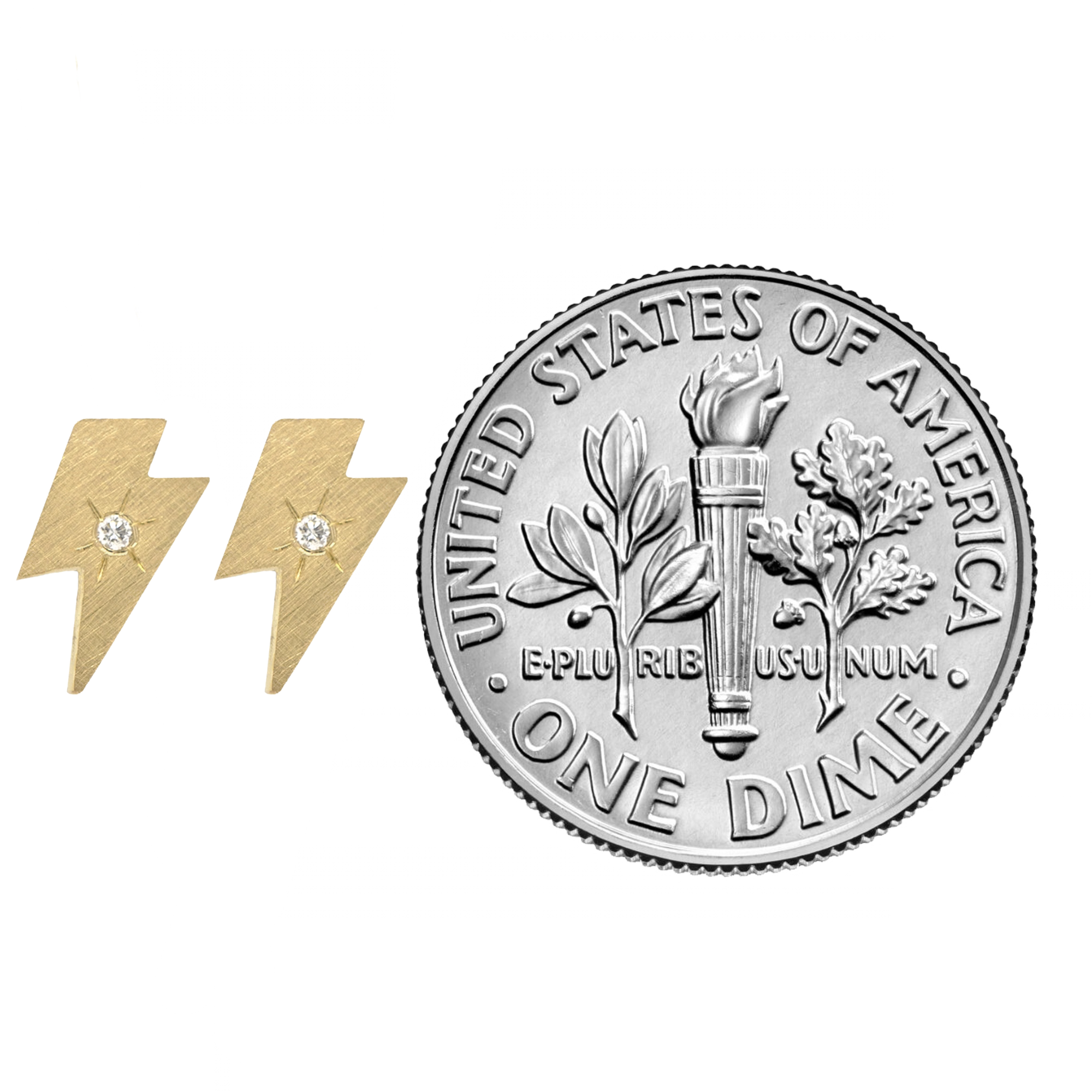 14k yellow gold teeny tiny lightning bolt earring studs with hand etched starburst white diamonds on white background with size indicator