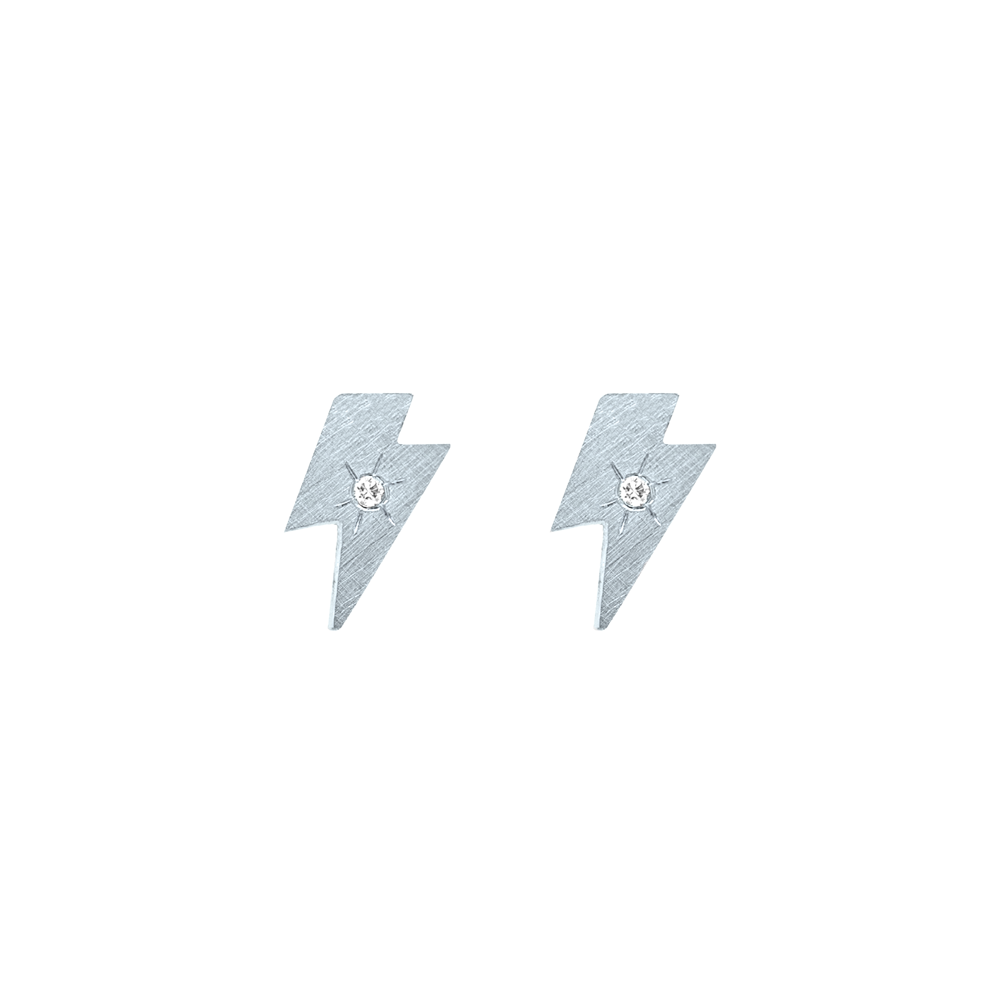 14k white gold teeny tiny lightning bolt earring studs with hand etched starburst white diamonds on white background