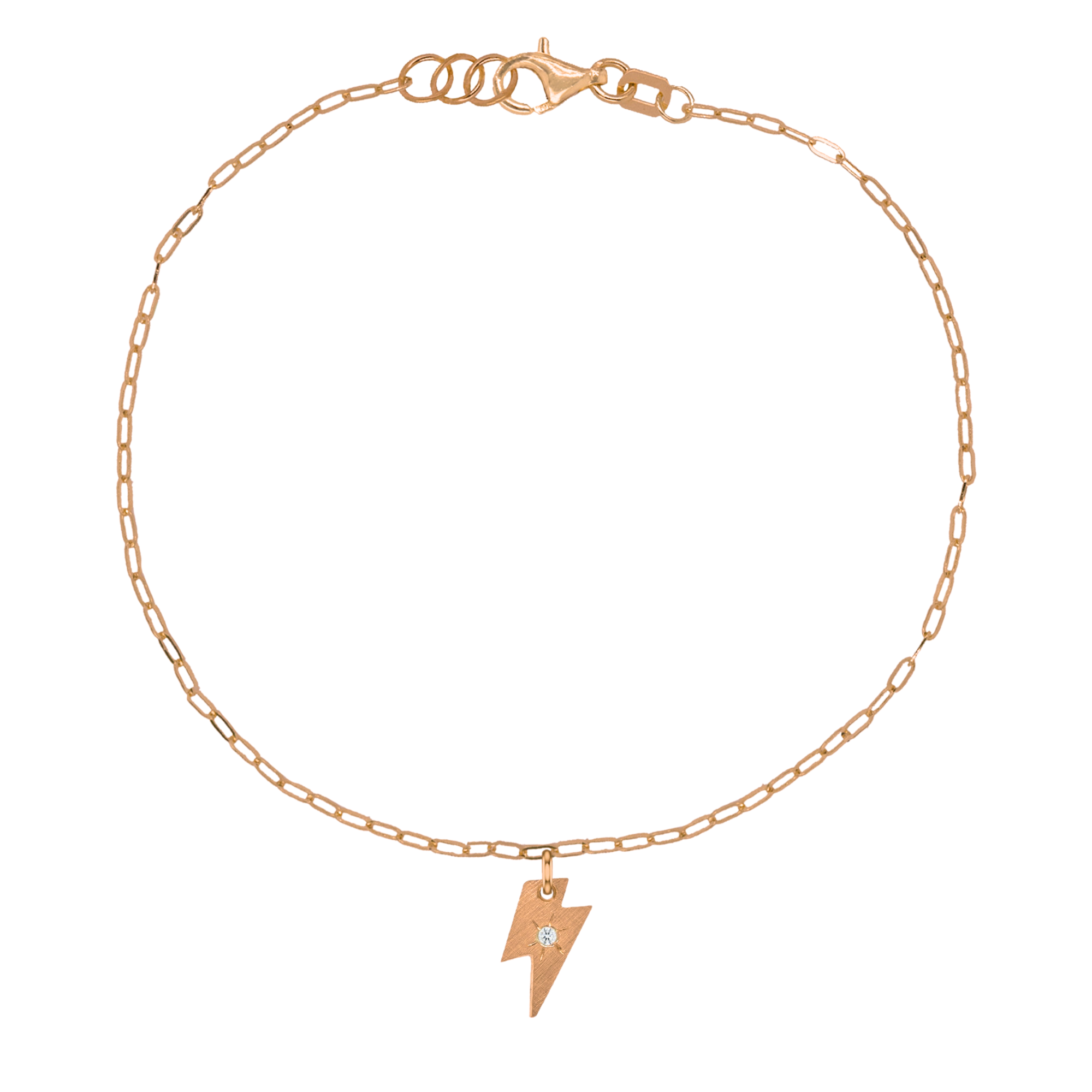 14k rose gold teeny tiny white diamond lightning bolt bracelet with hand etched starburst on paperclip link chain on white background
