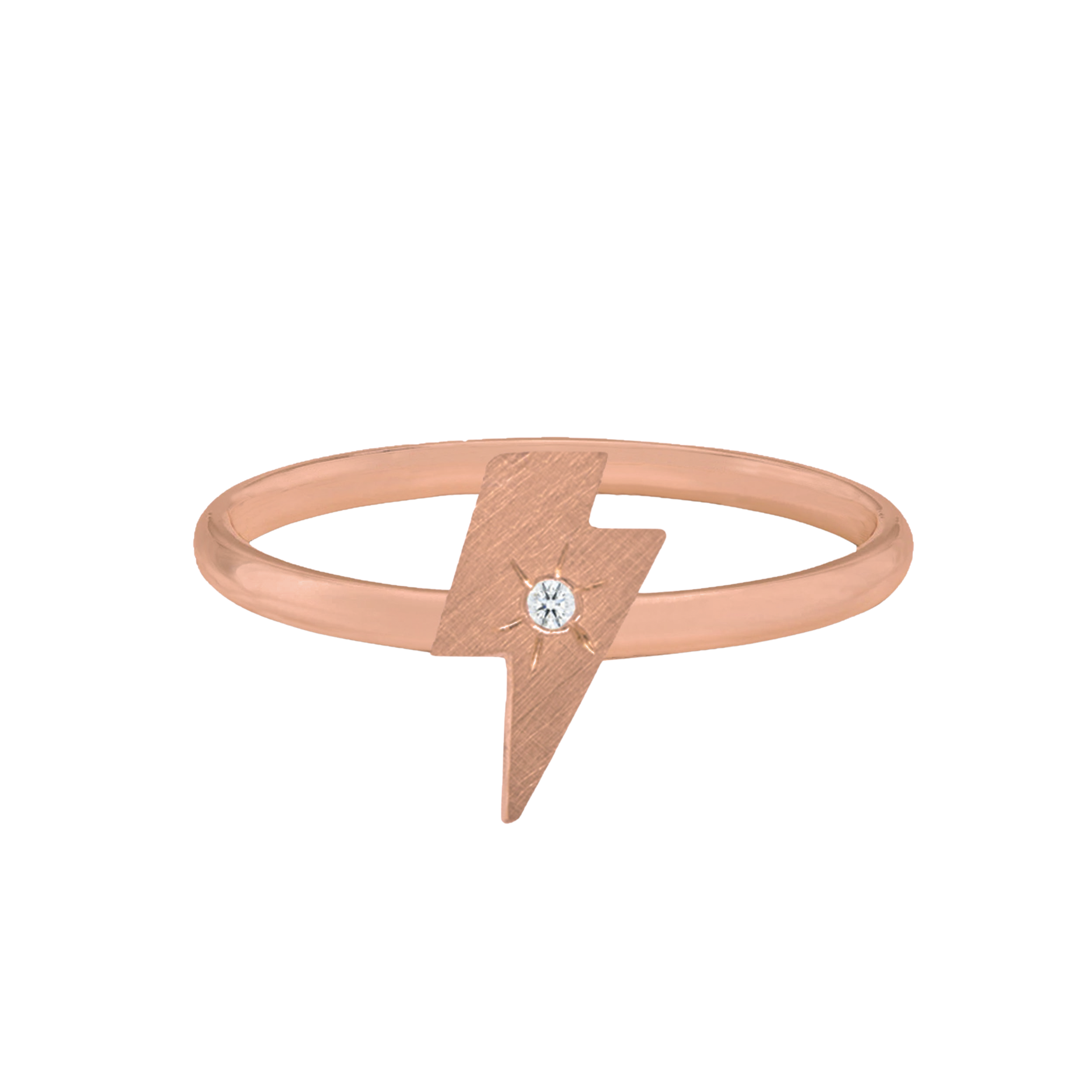 14k rose gold teeny tiny lightning bolt ring with starburst white diamond in center on white background