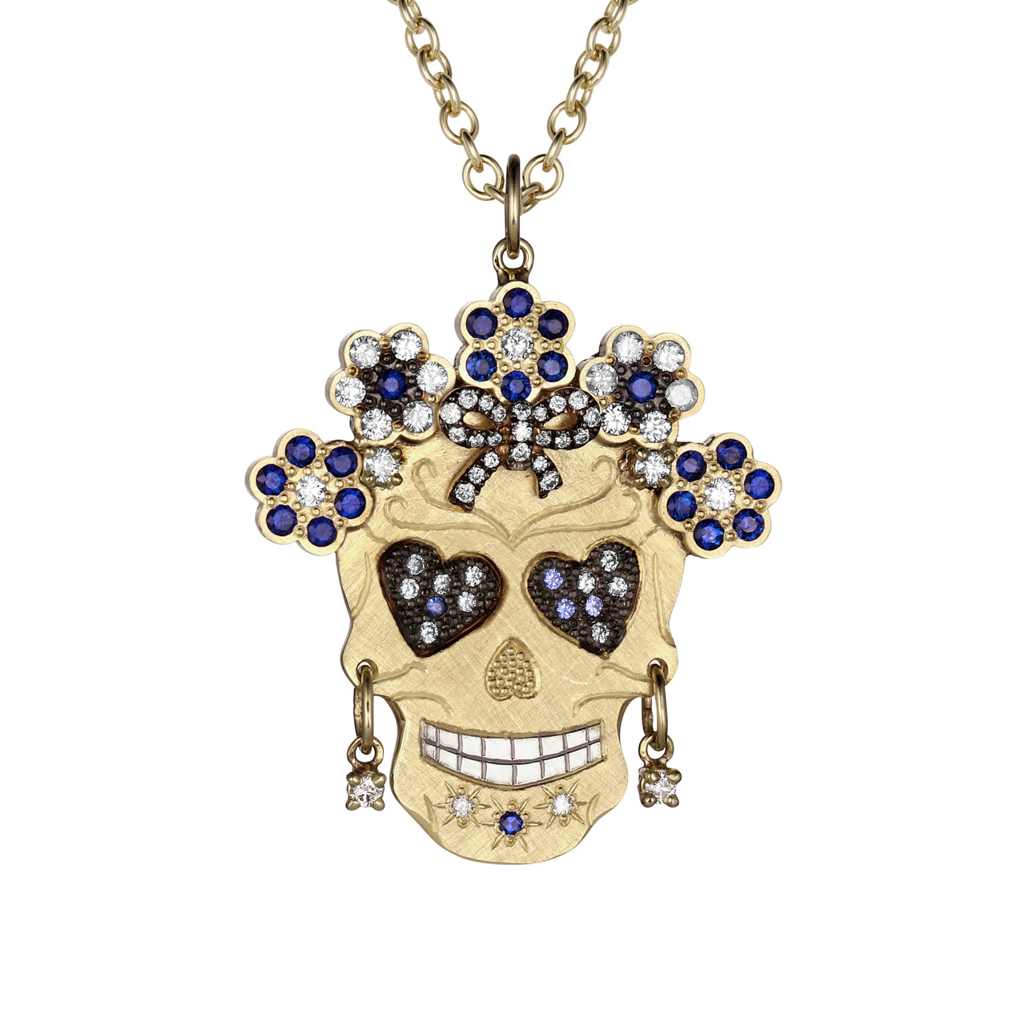 Intricate Diamond & Sapphire Flower Halo Sugar Skull Pendant | Statement | 14K Gold | Style Estelle