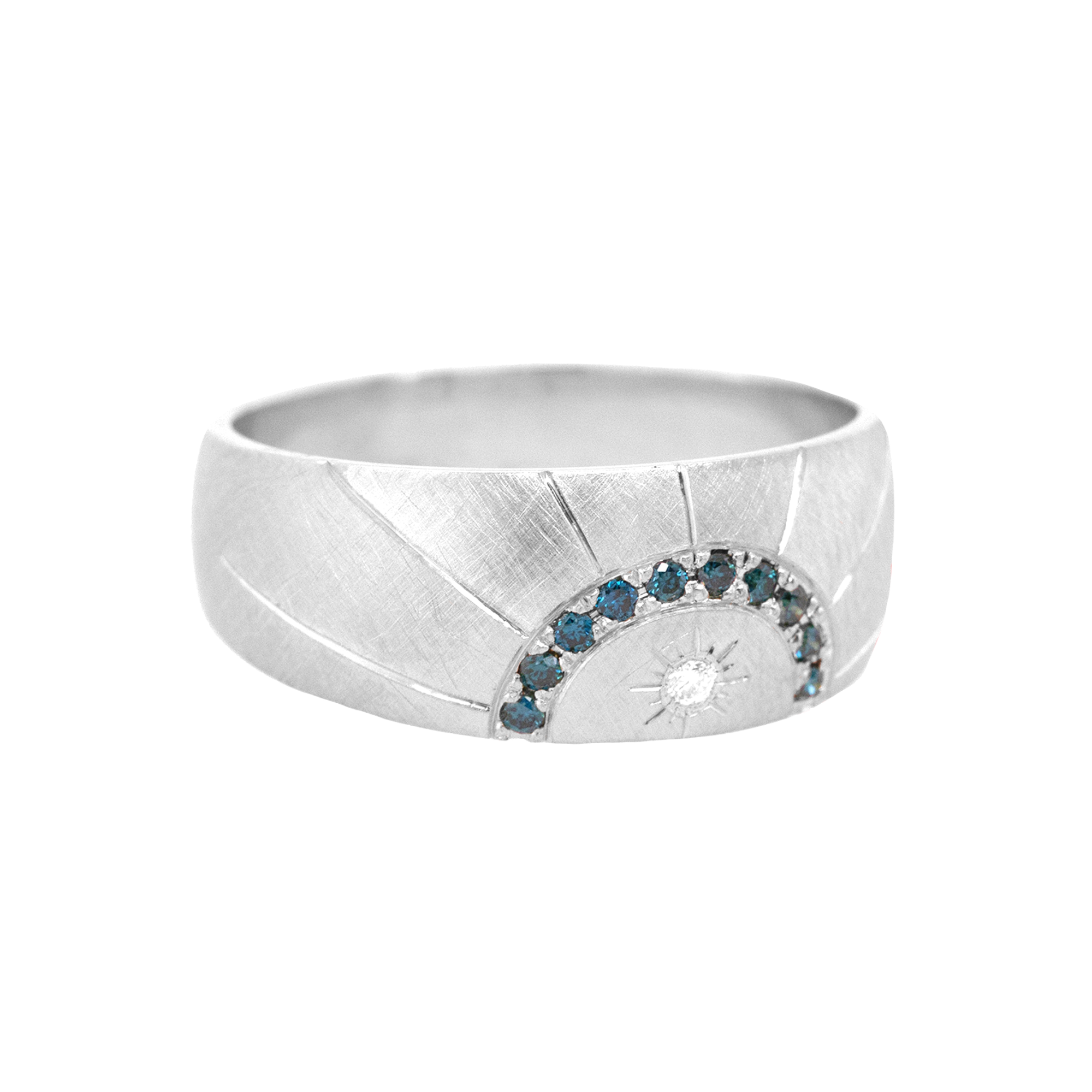 14k white gold wide band ring with hand etched sunburst and teal and white diamonds on white background
