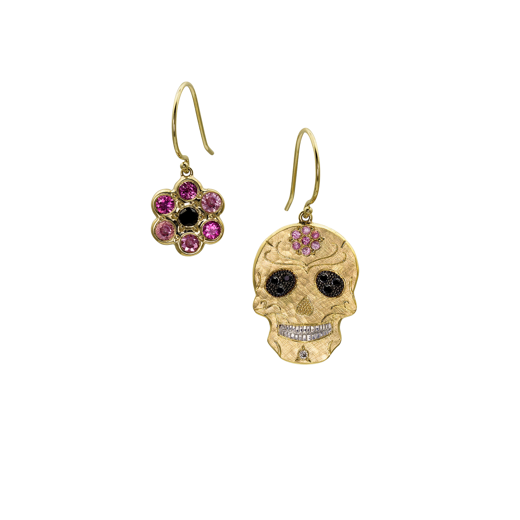 Skull & Flower Earrings with Pink Sapphire & Black Diamond | 14k Gold | Style Julietta