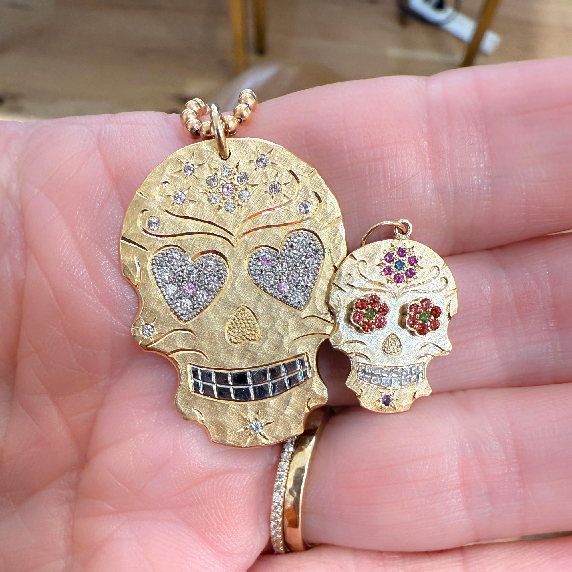 Heart Eyes Sugar Skull Pink Sapphire & Diamond Pendant | Large | 14K Gold | Style Valentine