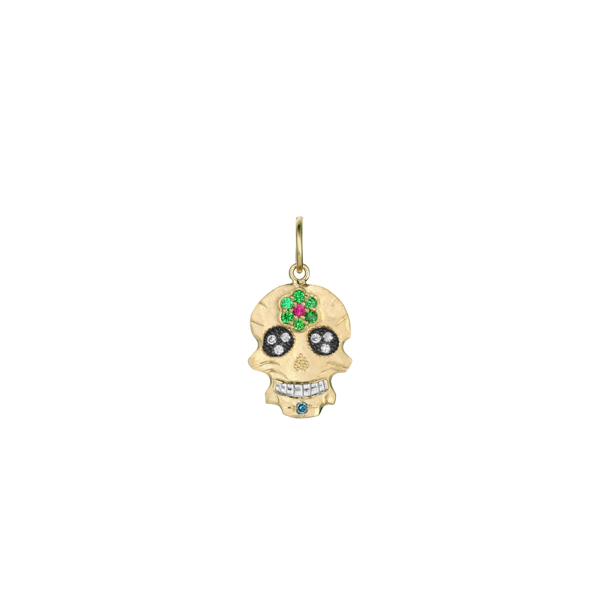 Sapphire Flower & Diamond Sugar Skull Pendant | Customizable | Petite | 14K Gold | Style Dahlia