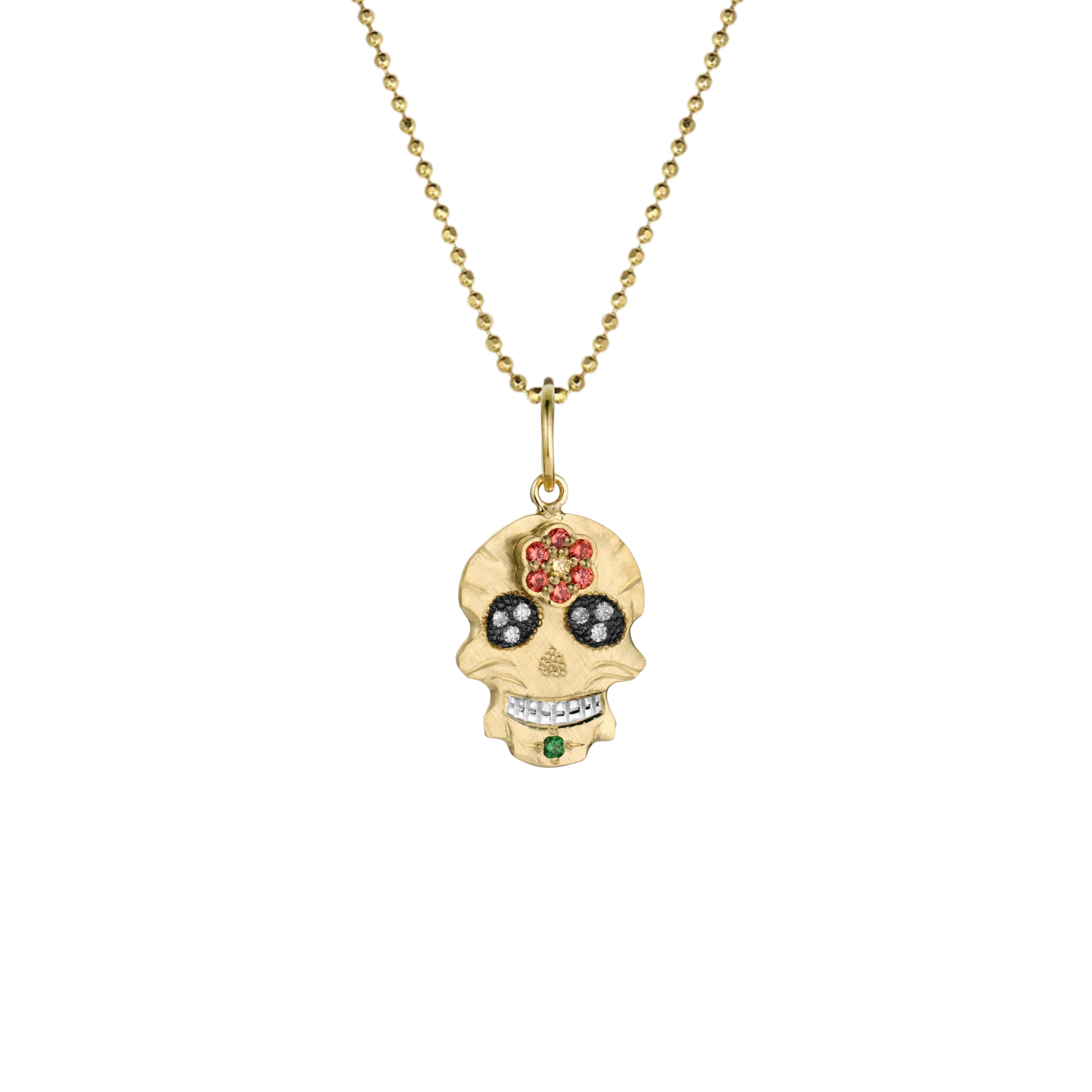 Sapphire Flower & Diamond Sugar Skull Pendant | Customizable | Petite | 14K Gold | Style Dahlia