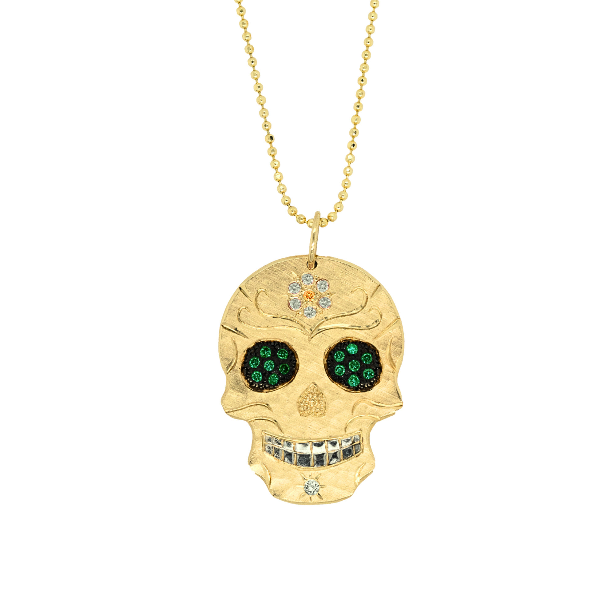 Diamond Eyes & Gemstone Flower Sugar Skull Pendant | Customizable | Medium | 14K Gold | Style Paloma