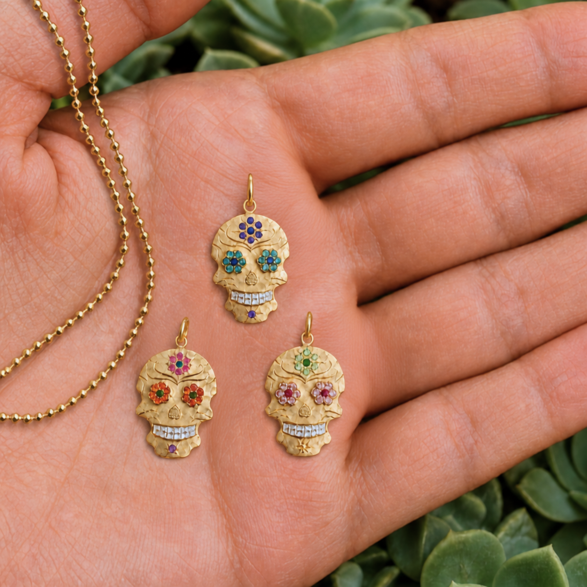 Floral Sugar Skull Gemstone Pendant | Customizable | Baby | 14K Gold | Style Flora