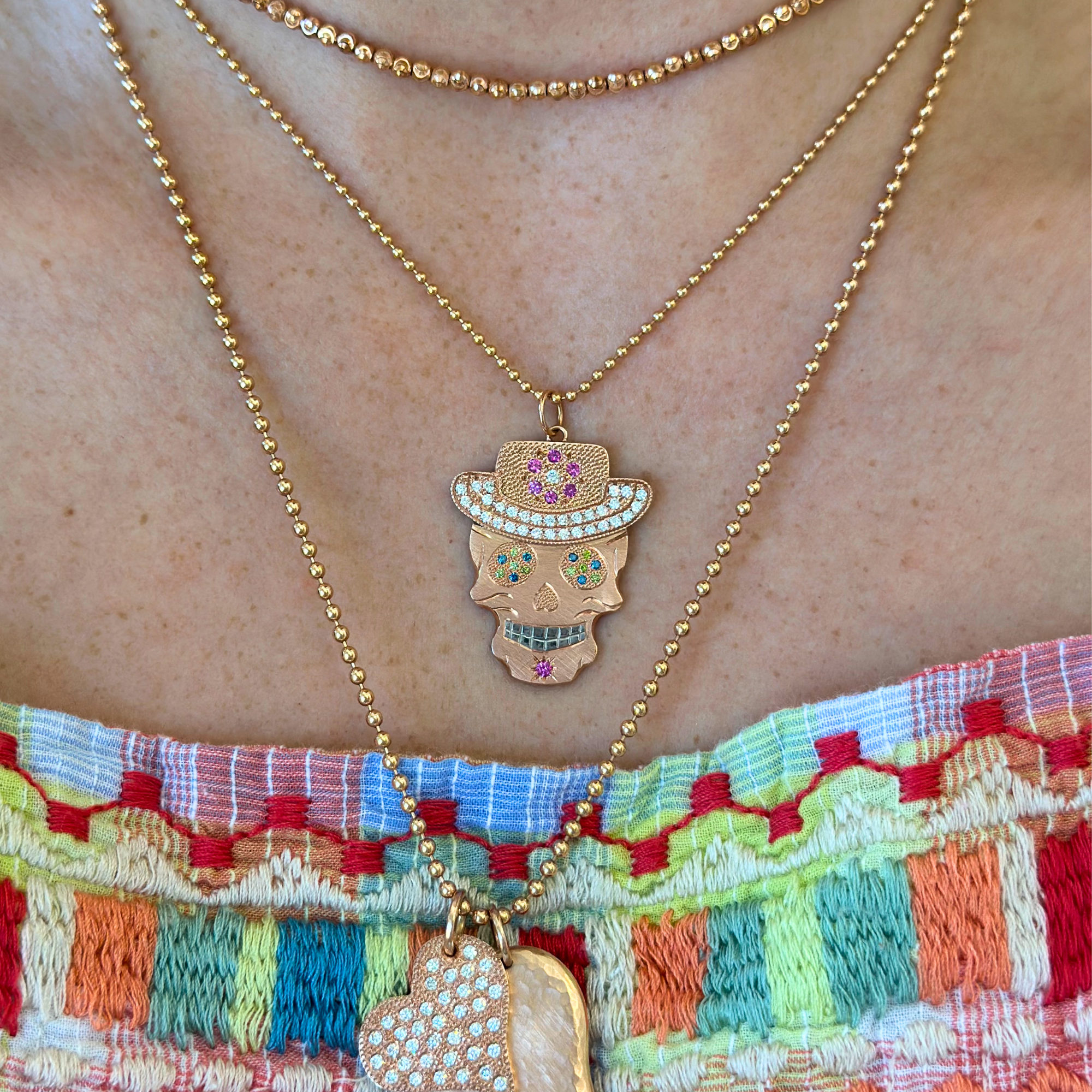 Western Diamond & Sapphire Sugar Skull Pendant with Cowboy Hat | Medium | 14K Gold | Style Vaquera
