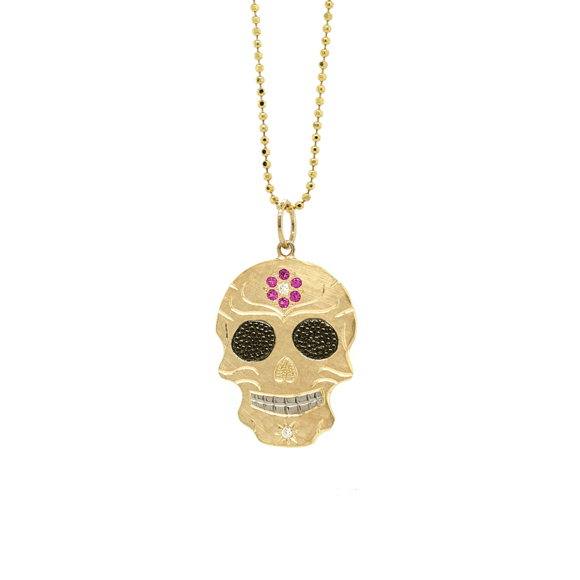 Gemstone Flower & Diamond Sugar Skull Pendant | Customizable | Small | 14K Gold | Style Elena