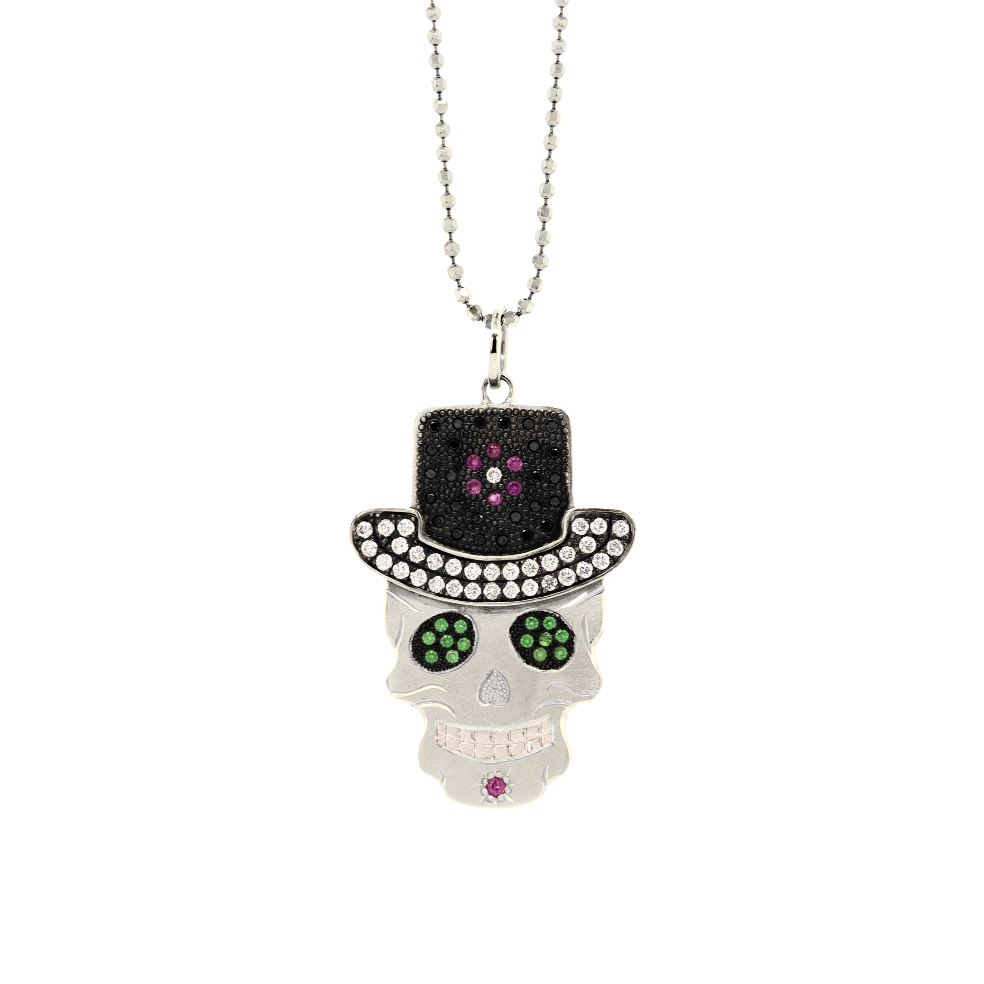 Black & White Pavé Diamond & Gemstone Top Hat Sugar Skull Pendant | Medium | 14K Gold | Style Theo