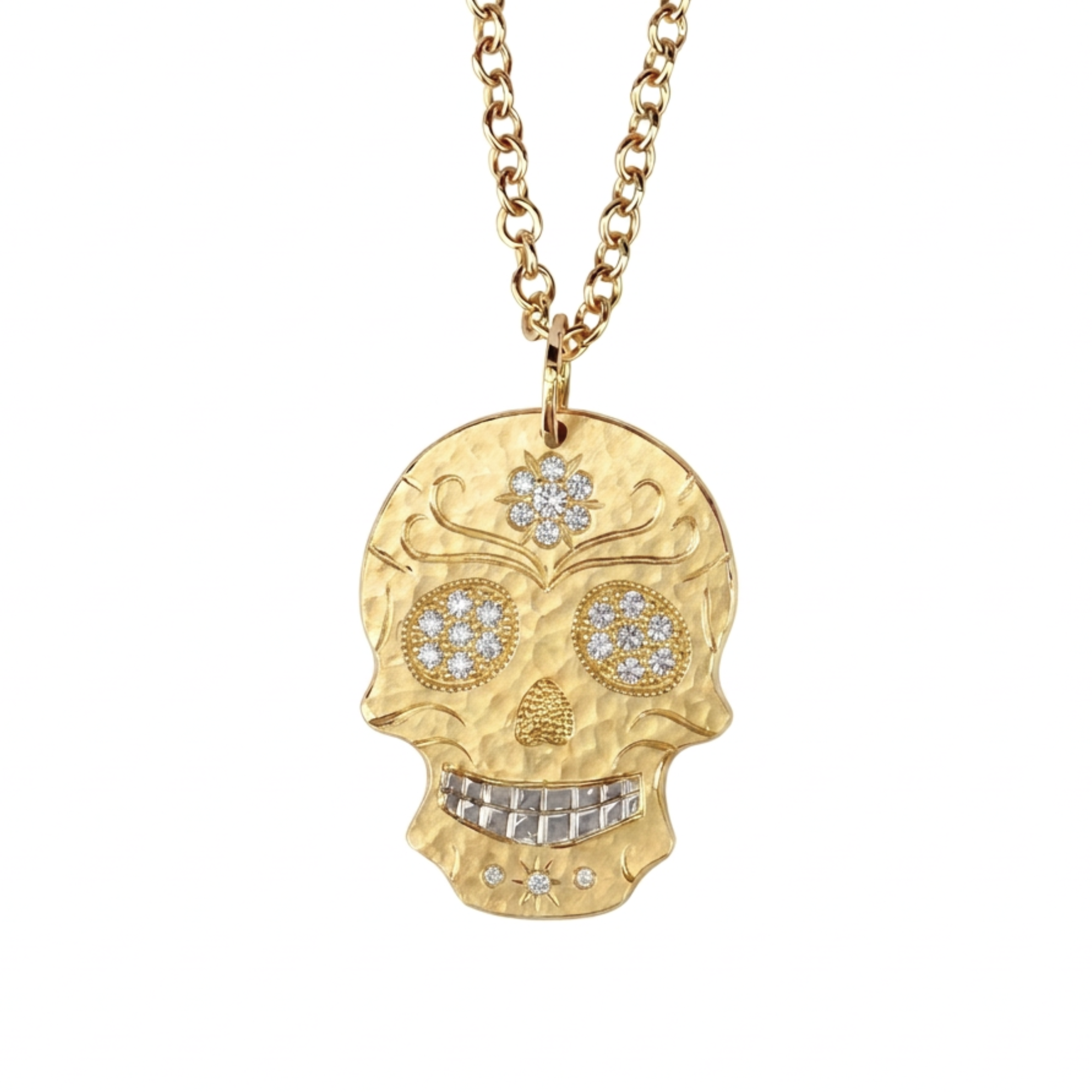 White Diamond Hand-Engraved Sugar Skull Pendant | Large | 14K Gold | Style Isabella