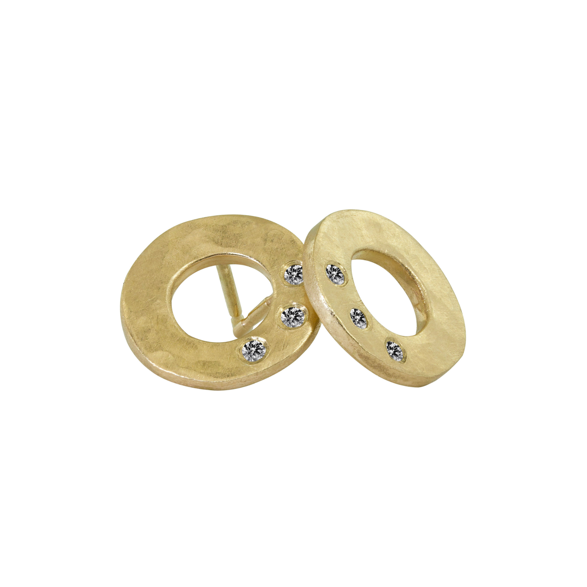 14k yellow gold open circle hammered earrings with white diamonds on white background