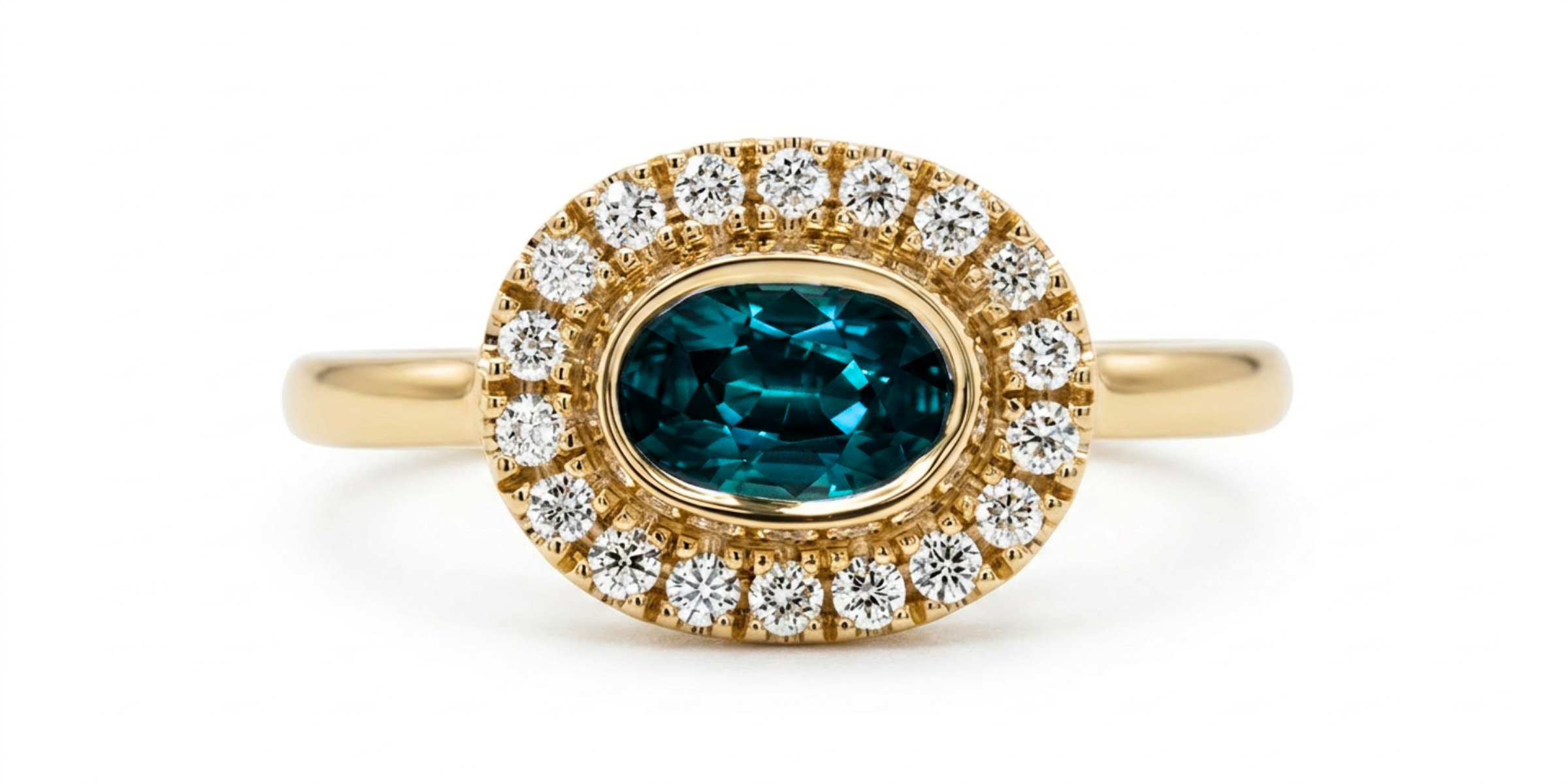 Remodeled ring from vintage jewelry after picture of east-west oval teal center stone bezel set with white diamond halo in yellow gold on white background