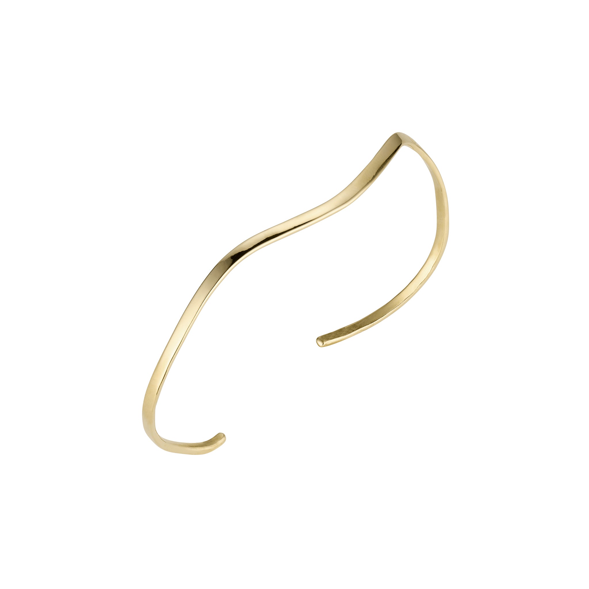 Profile of modern sculptural 14k gold wave bracelet on white background