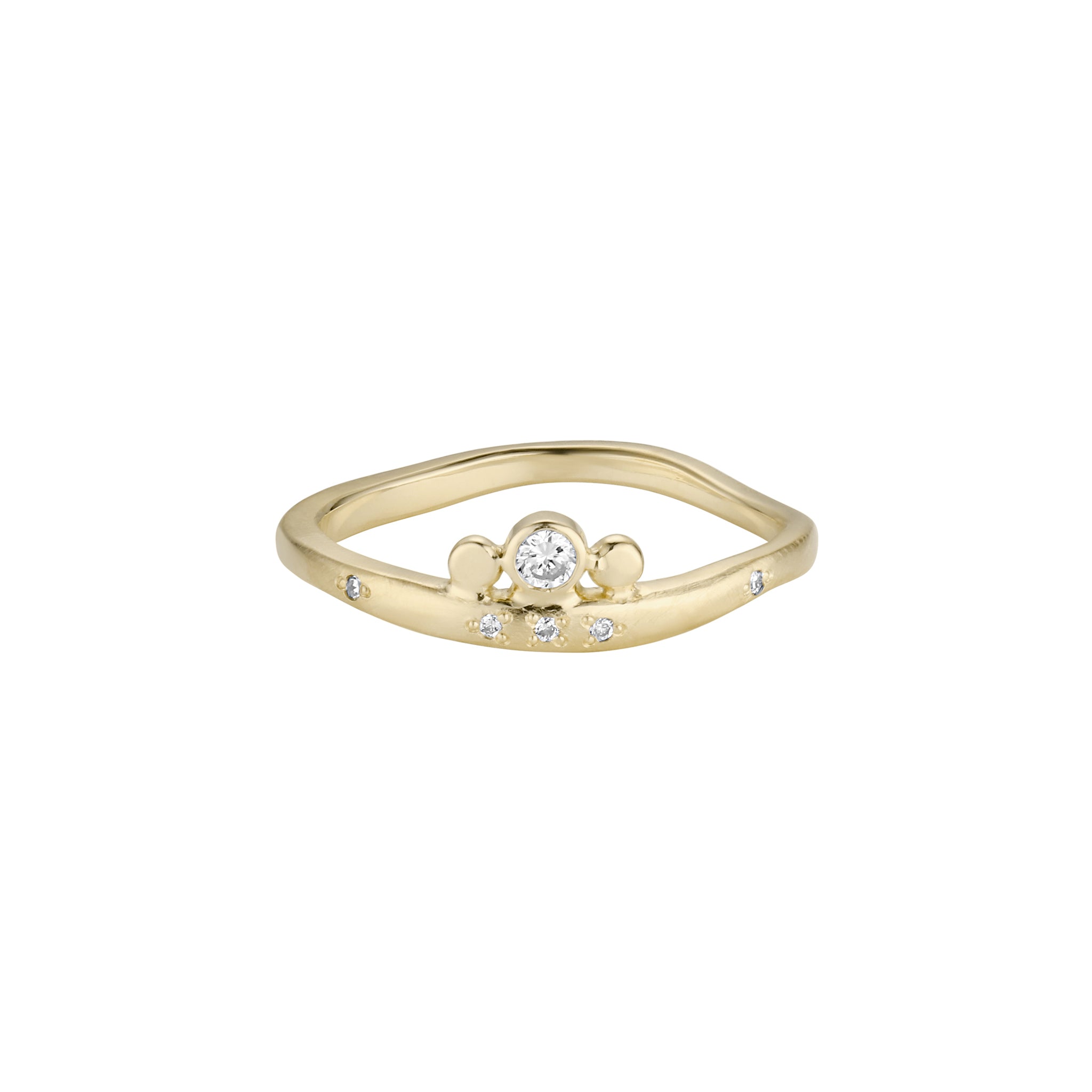 14k gold WAVO wavy ring with bead set diamonds and center diamond detail