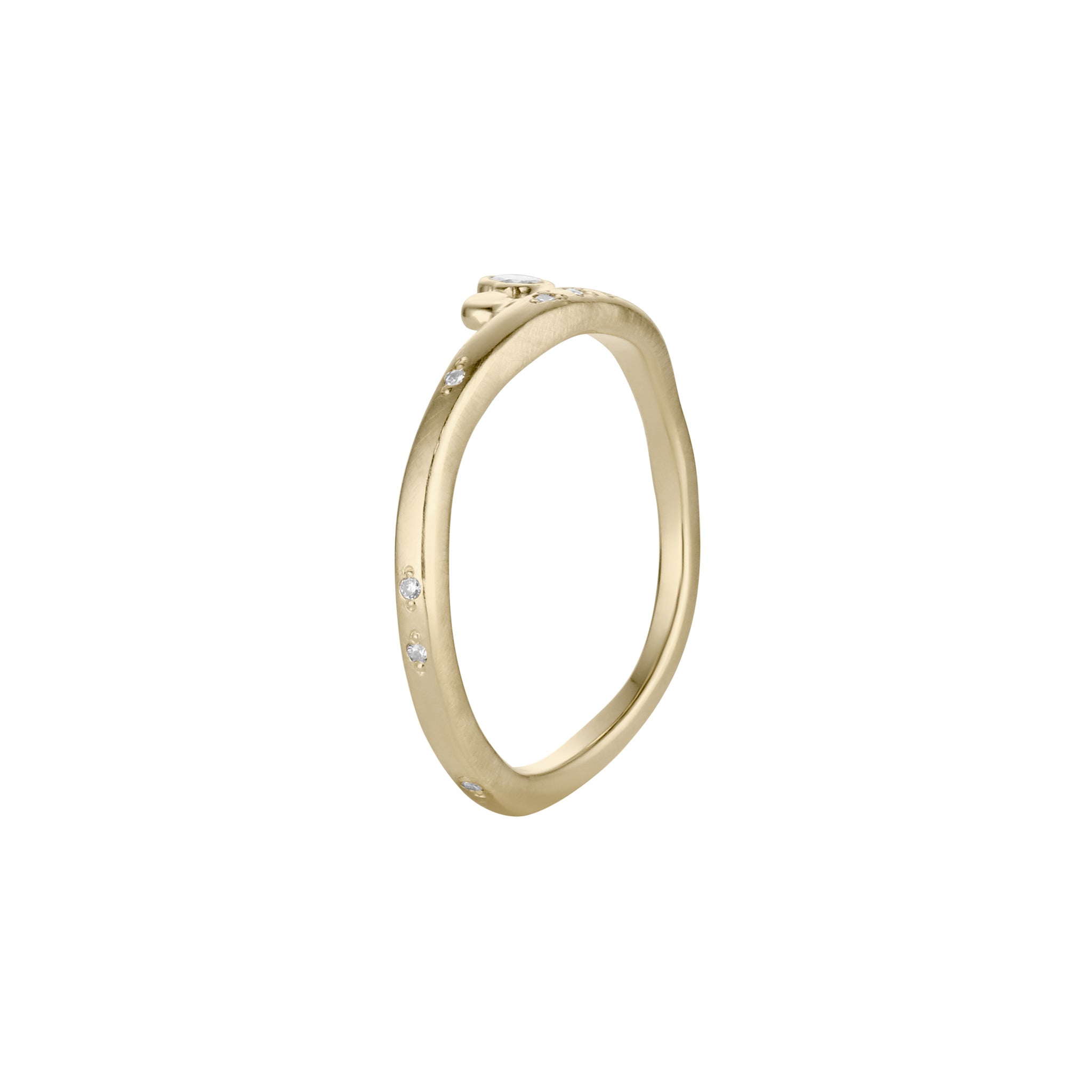 14k gold wave shaped stacking ring profile with diamond accents