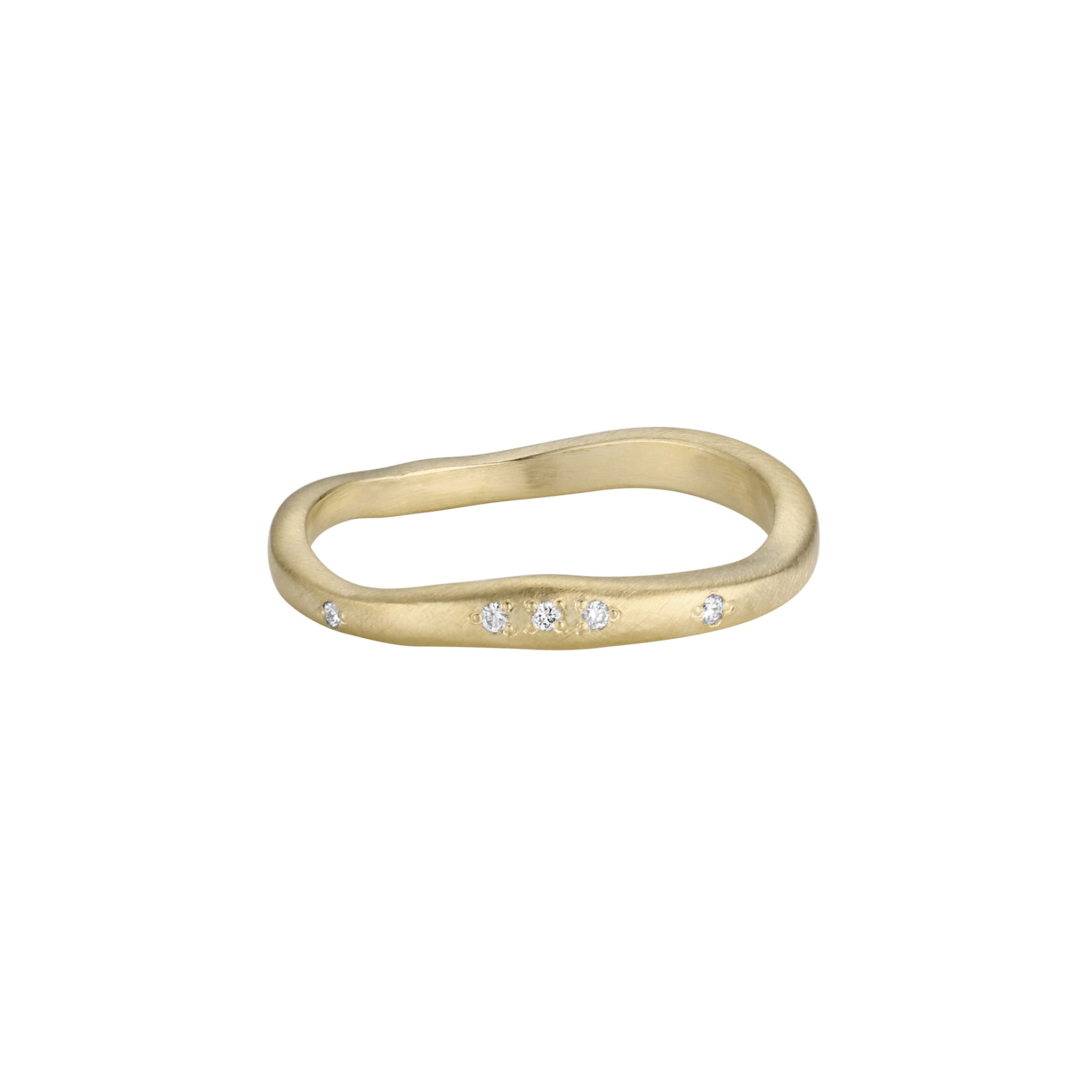 14k gold wavy stacking ring with embedded bead set diamonds, satin finish texture shown front view laying flat on a white background.
