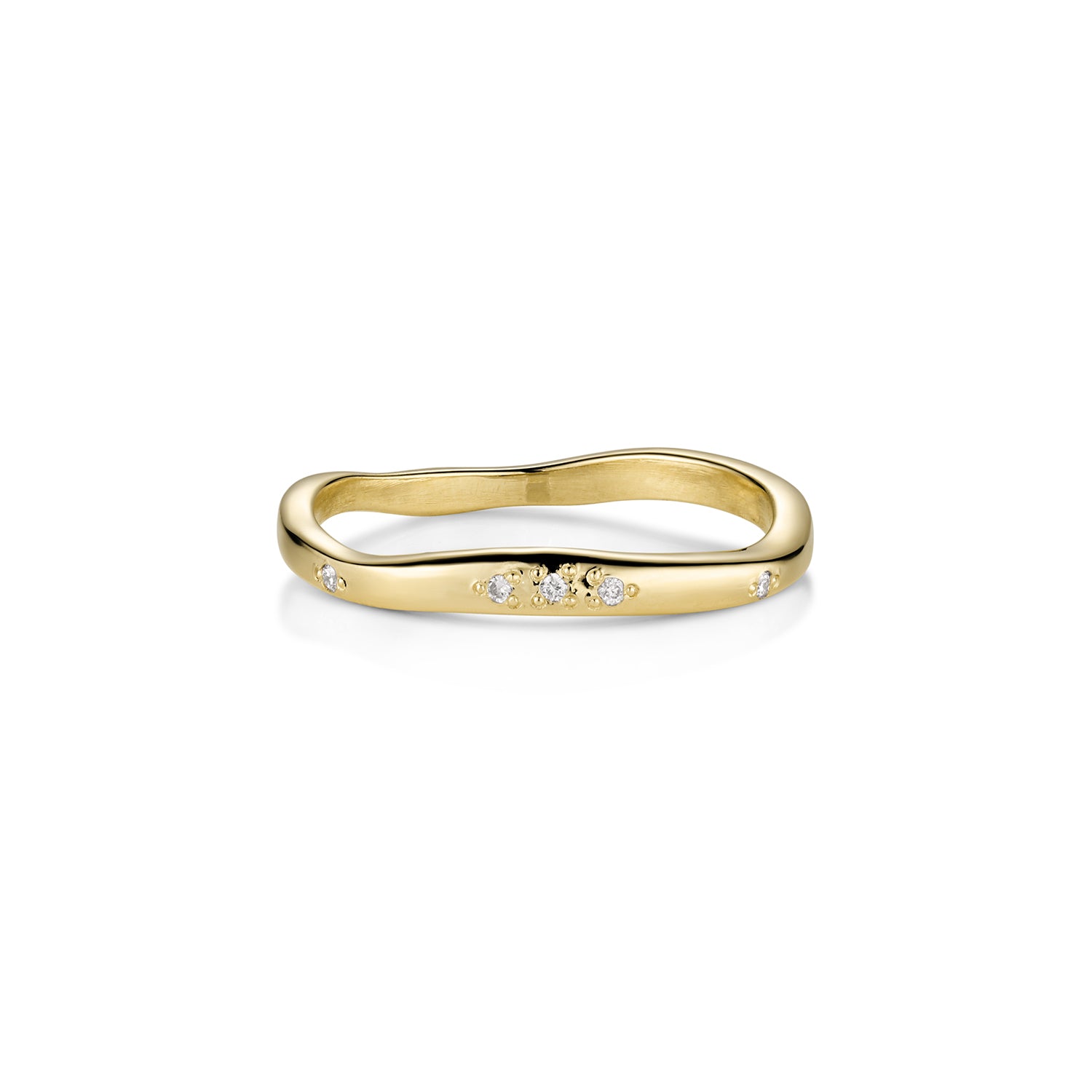 14k gold wavy stacking ring with embedded diamonds. Shiny polished texture shown side view on a white background.