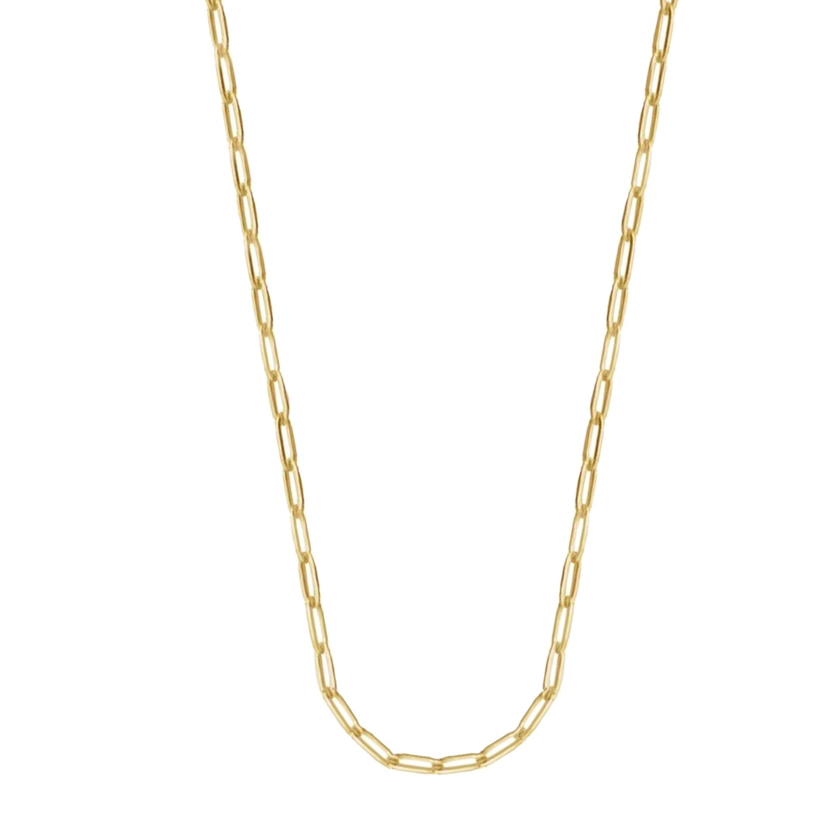 14k gold dainty paperclip chain necklace, delicate 1.2mm width, solid gold handcrafted layering chain by Julez Bryant on a white background