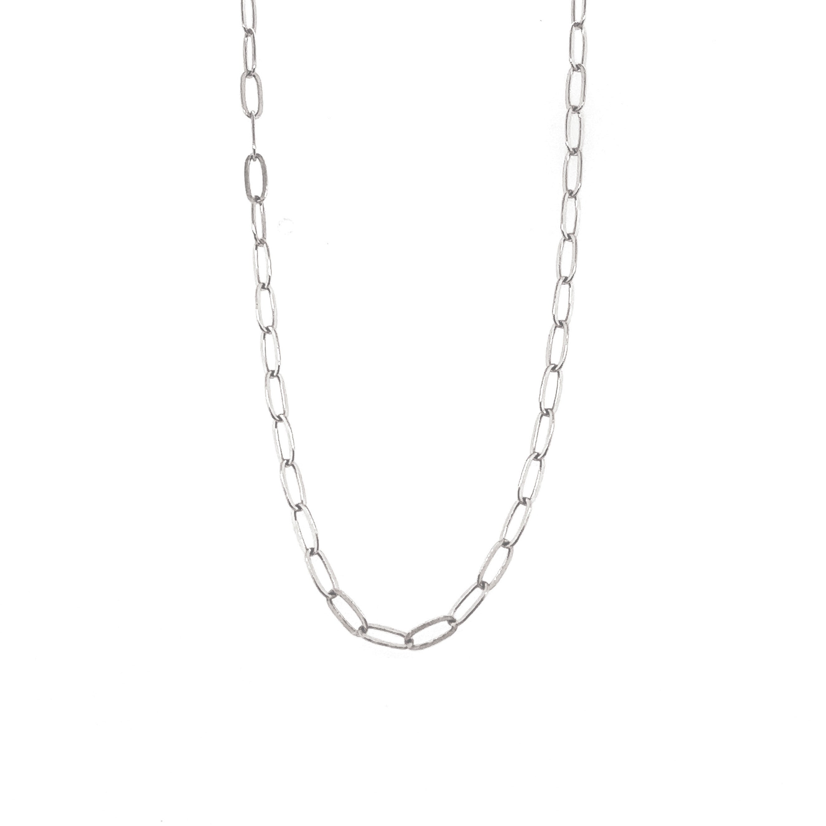 14k white gold paperclip chain necklace, 2.0mm width, solid gold, modern handcrafted layering necklace on a white backdrop.