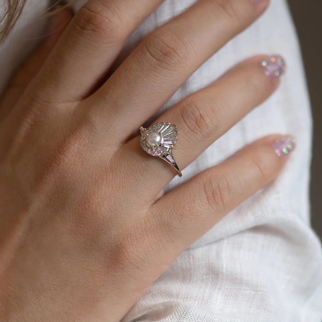 Artemer Art Deco Pearl and Diamond Ring