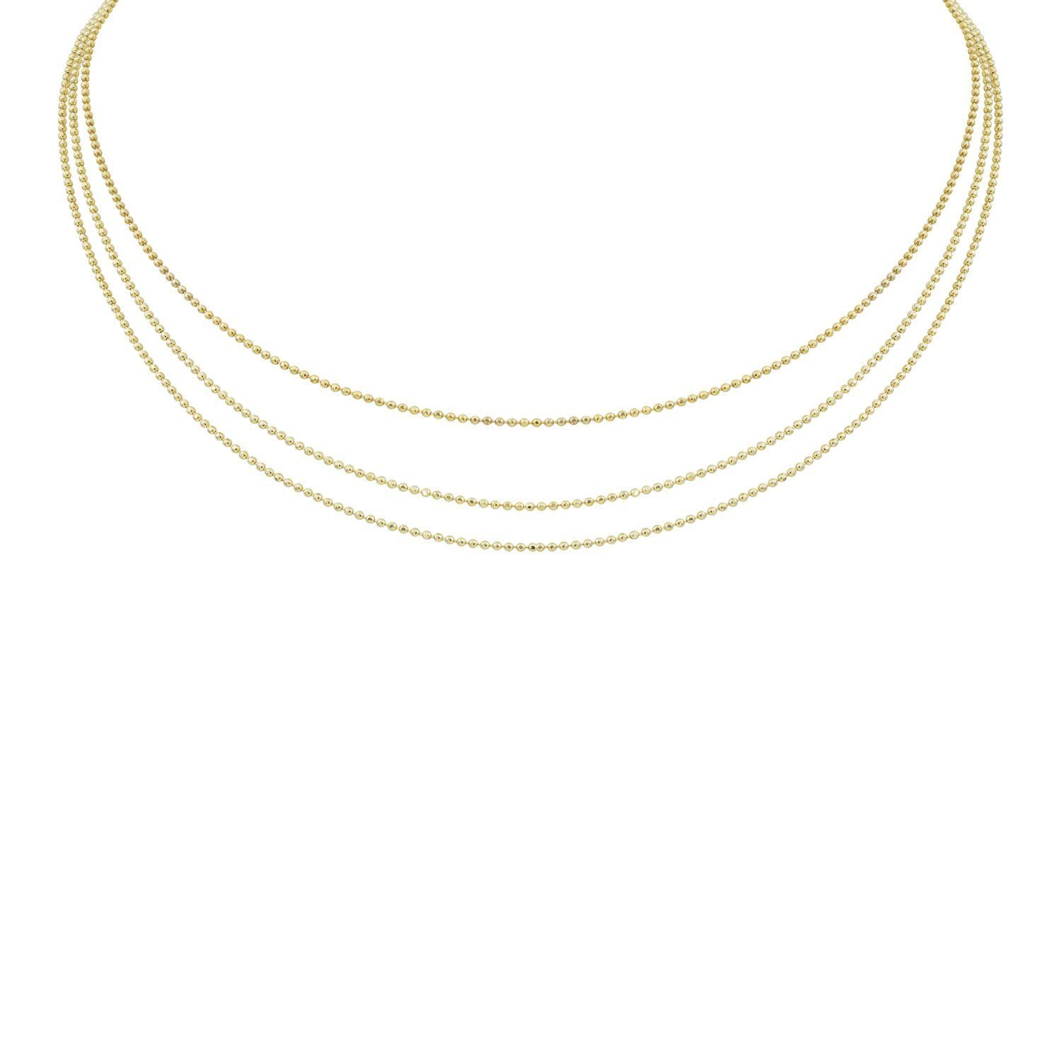 14k yellow gold CHAI necklace features 3 dainty diamond cut beaded chains. Shown on white background.